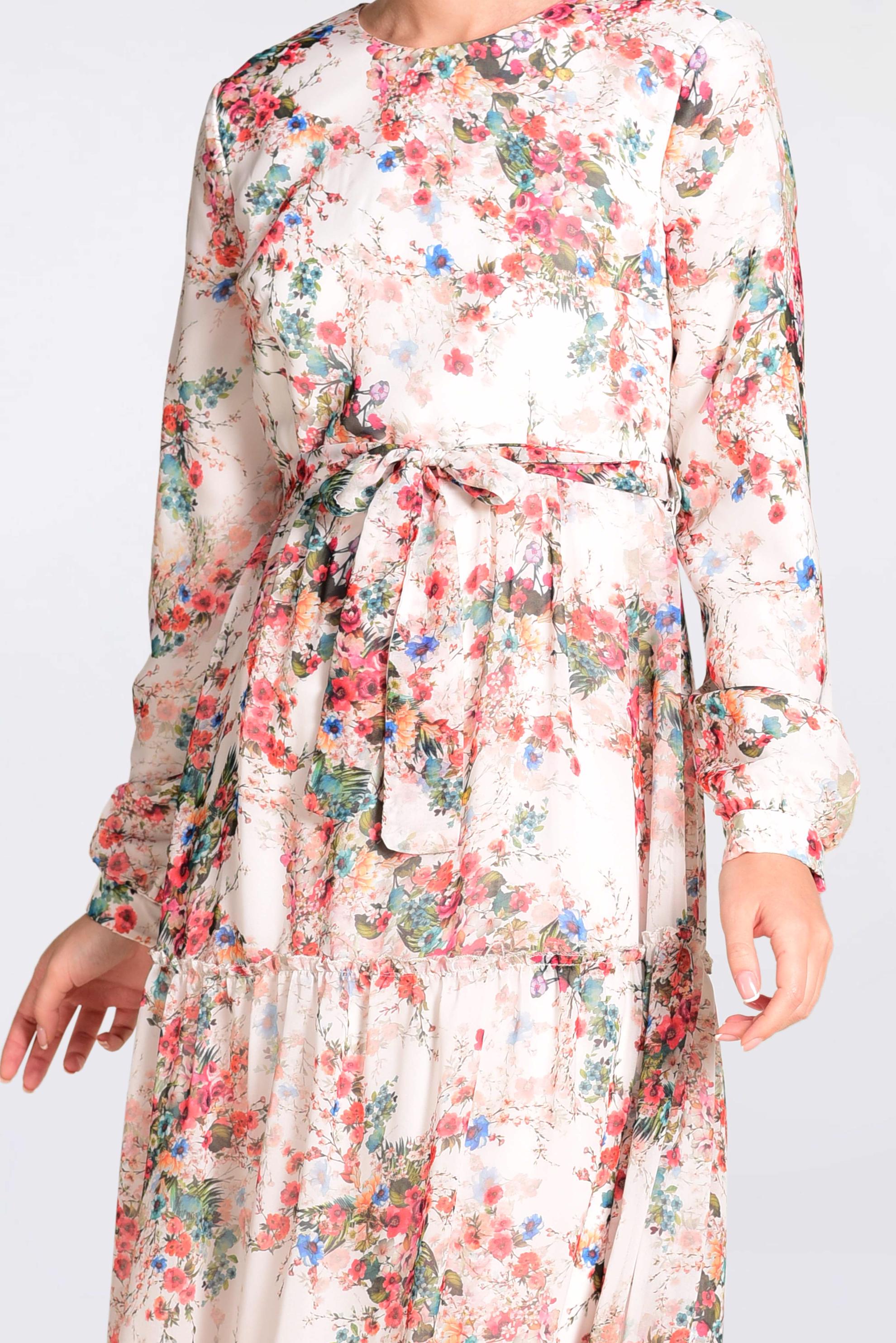 Tesettür giyim BEJ FLORAL DESENLİ KUŞAKLI ELBİSE 4393-1