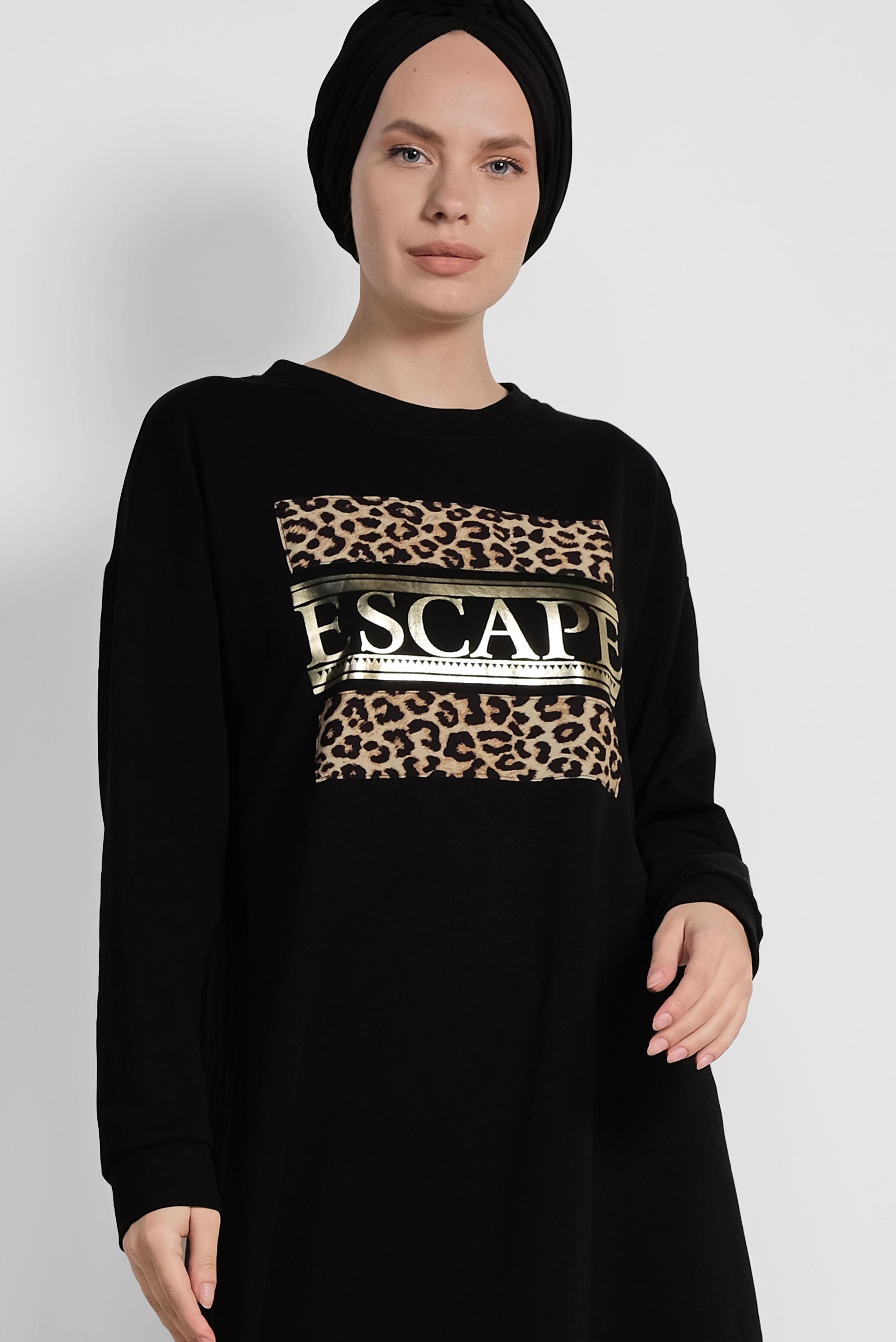 Tesettür giyim SİYAH LEOPAR DESENİ DETAYLI PAMUKLU TUNİK 4038