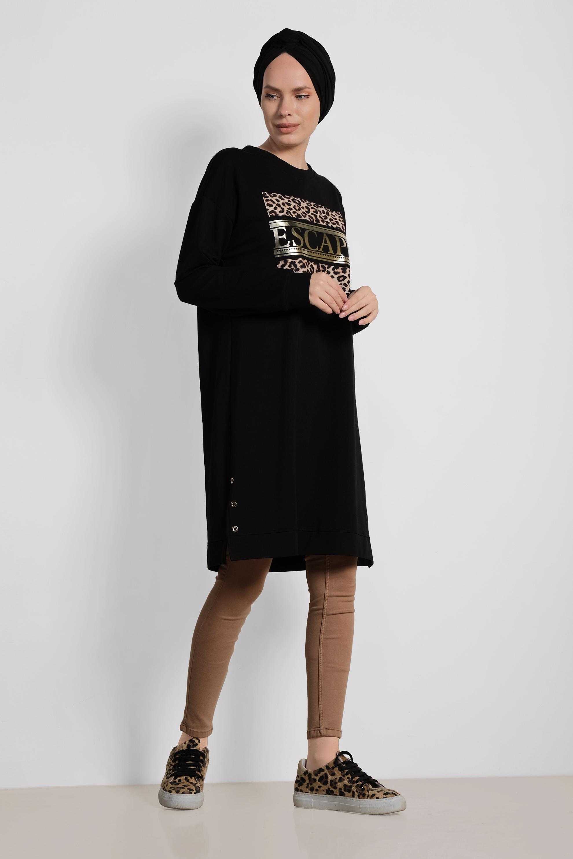 Tesettür giyim SİYAH LEOPAR DESENİ DETAYLI PAMUKLU TUNİK 4038