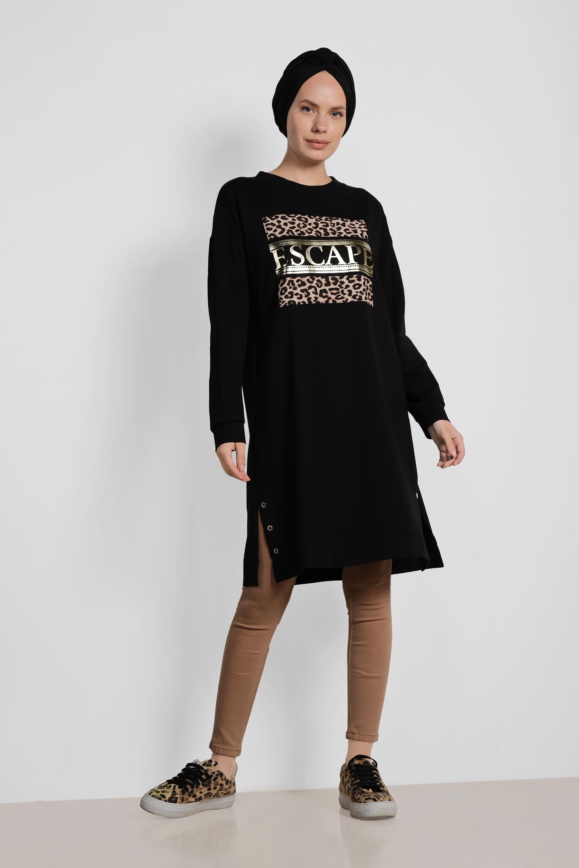 Tesettür giyim SİYAH LEOPAR DESENİ DETAYLI PAMUKLU TUNİK 4038