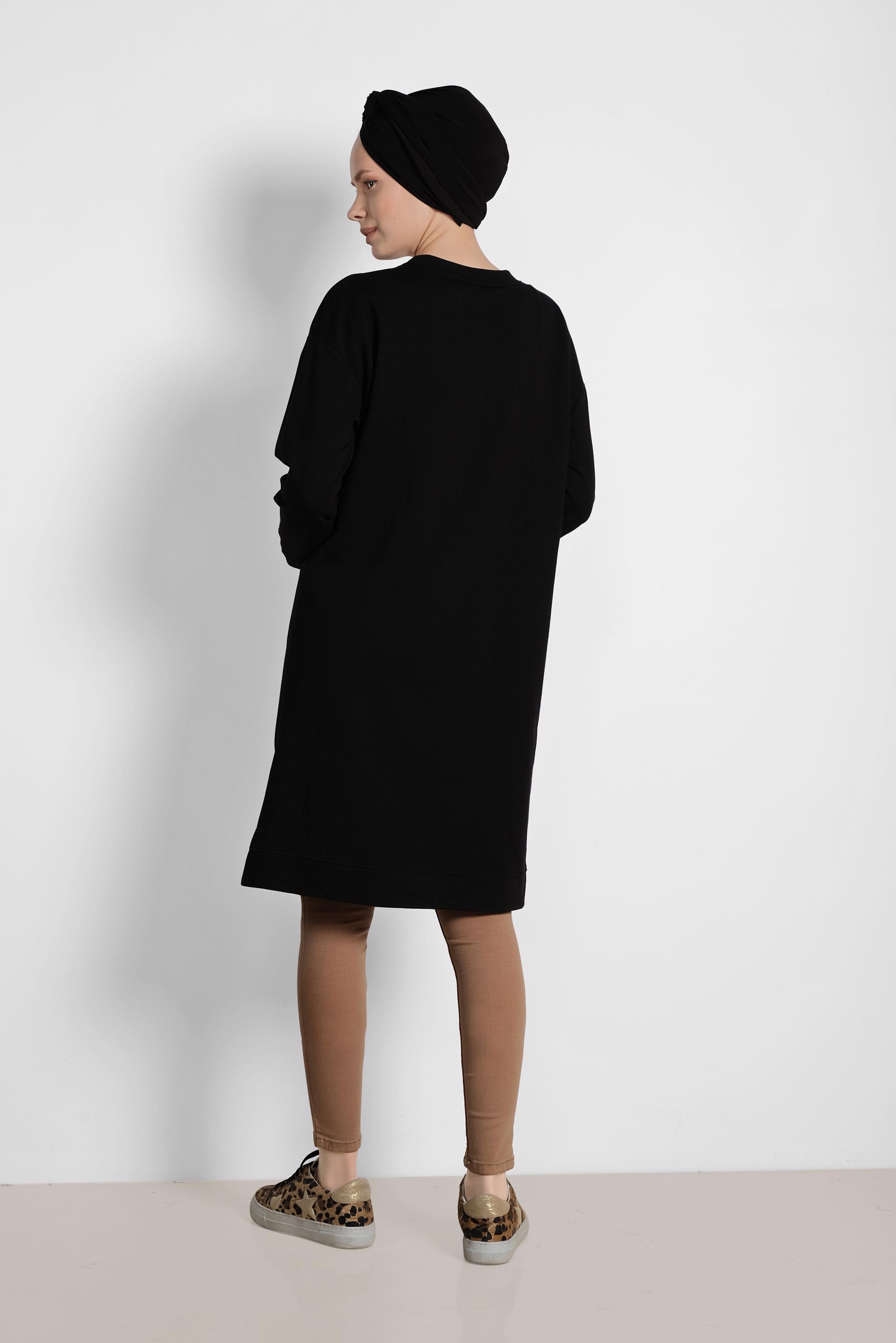 Tesettür giyim SİYAH LEOPAR DESENİ DETAYLI PAMUKLU TUNİK 4038