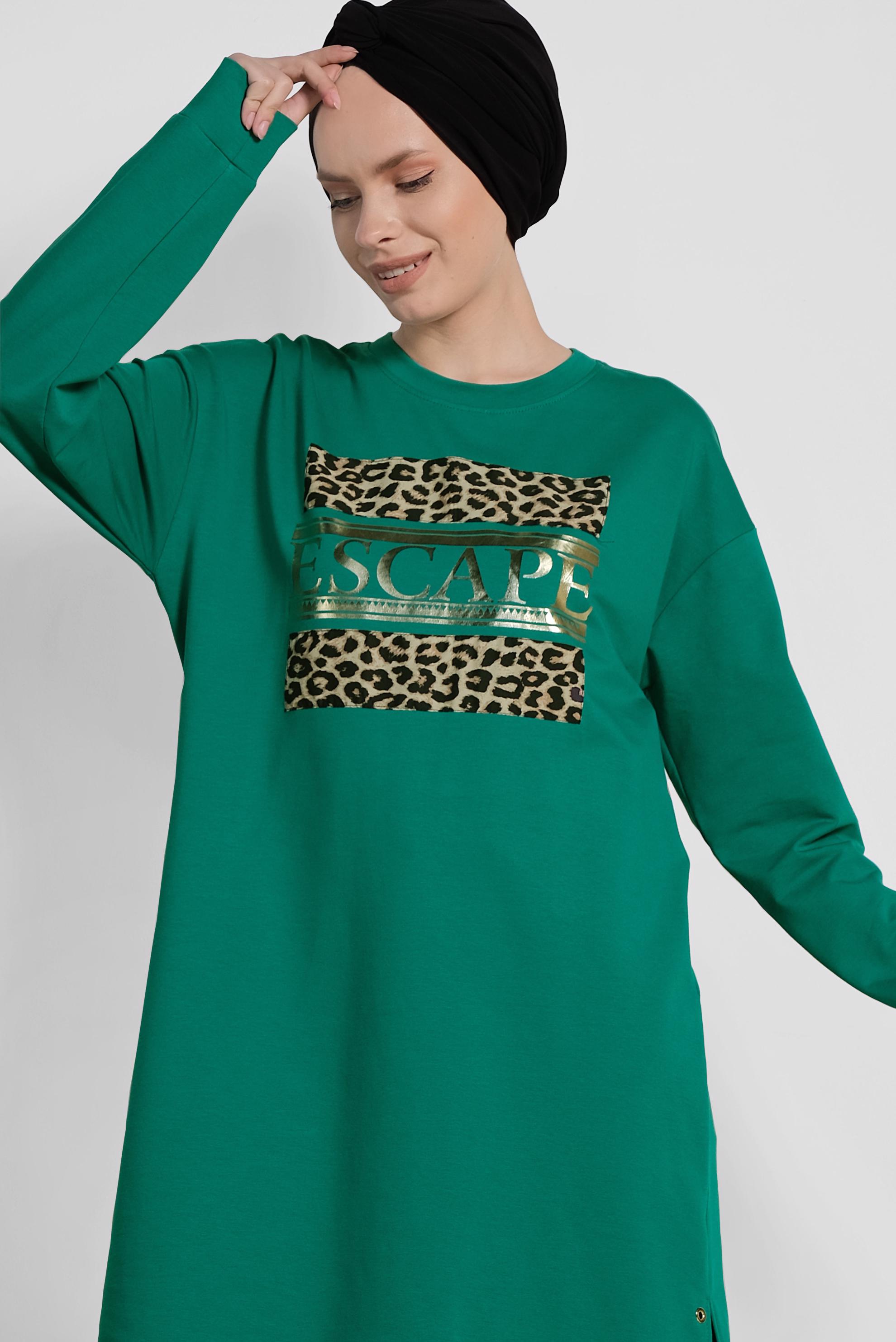 Tesettür giyim YEŞİL LEOPAR DESENİ DETAYLI PAMUKLU TUNİK 4038