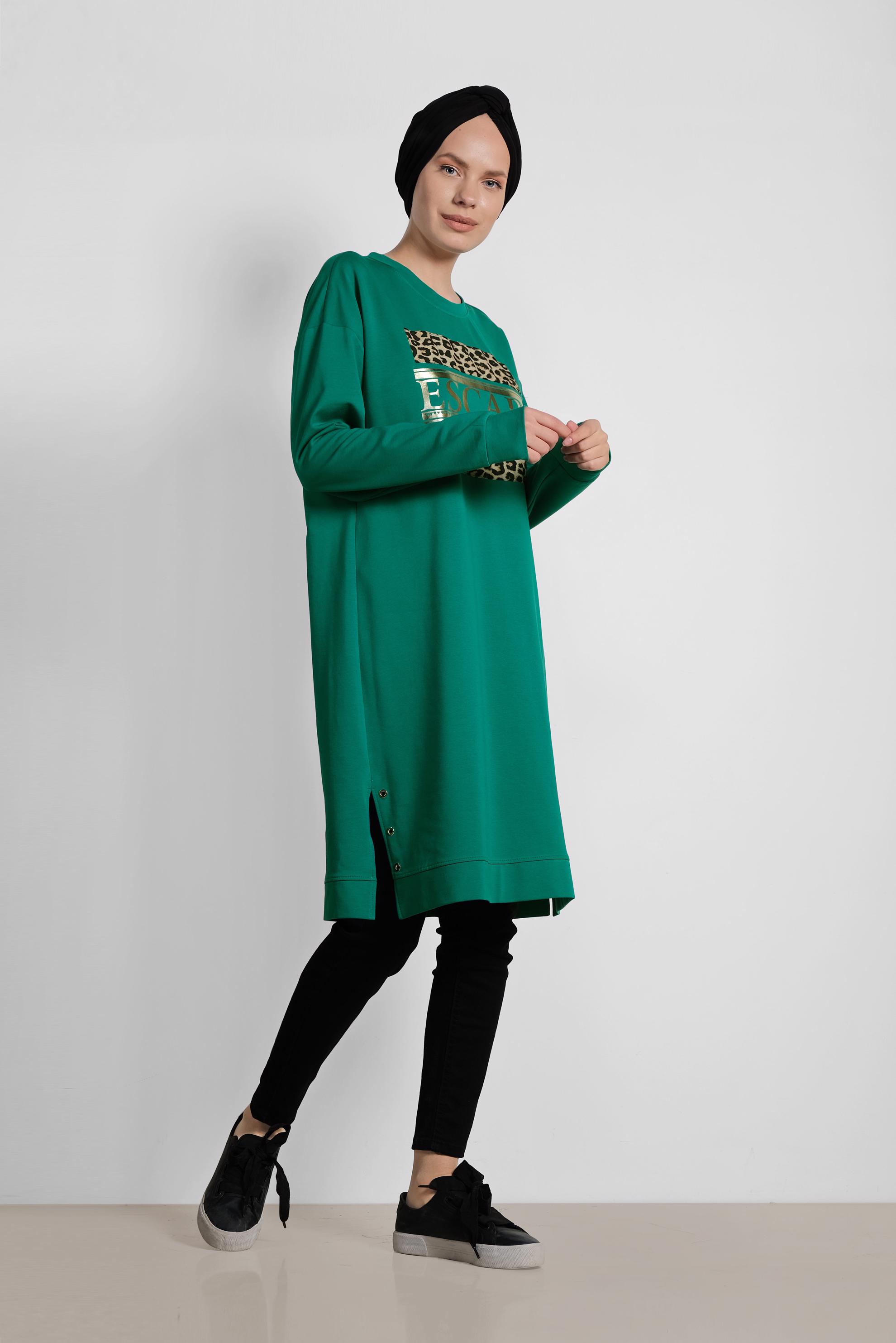 Tesettür giyim YEŞİL LEOPAR DESENİ DETAYLI PAMUKLU TUNİK 4038