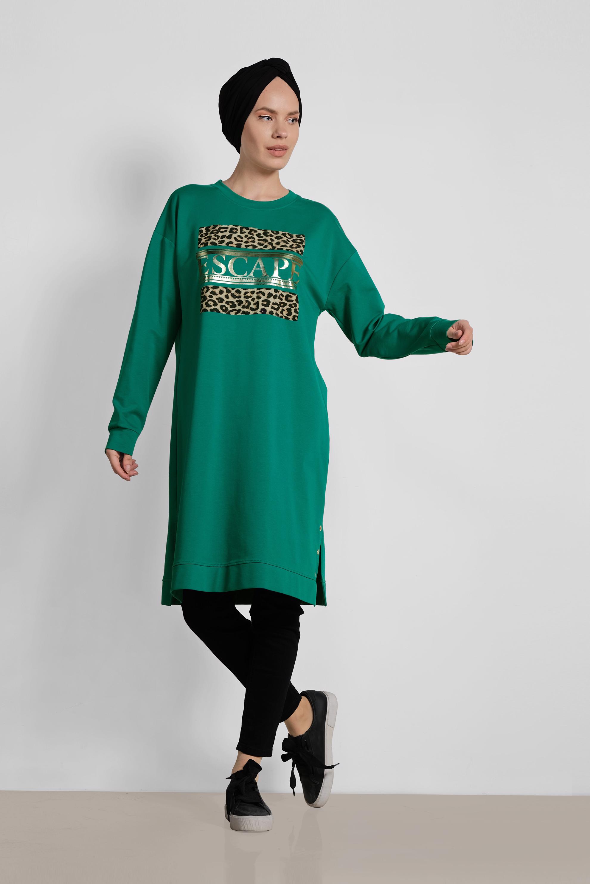 Tesettür giyim YEŞİL LEOPAR DESENİ DETAYLI PAMUKLU TUNİK 4038