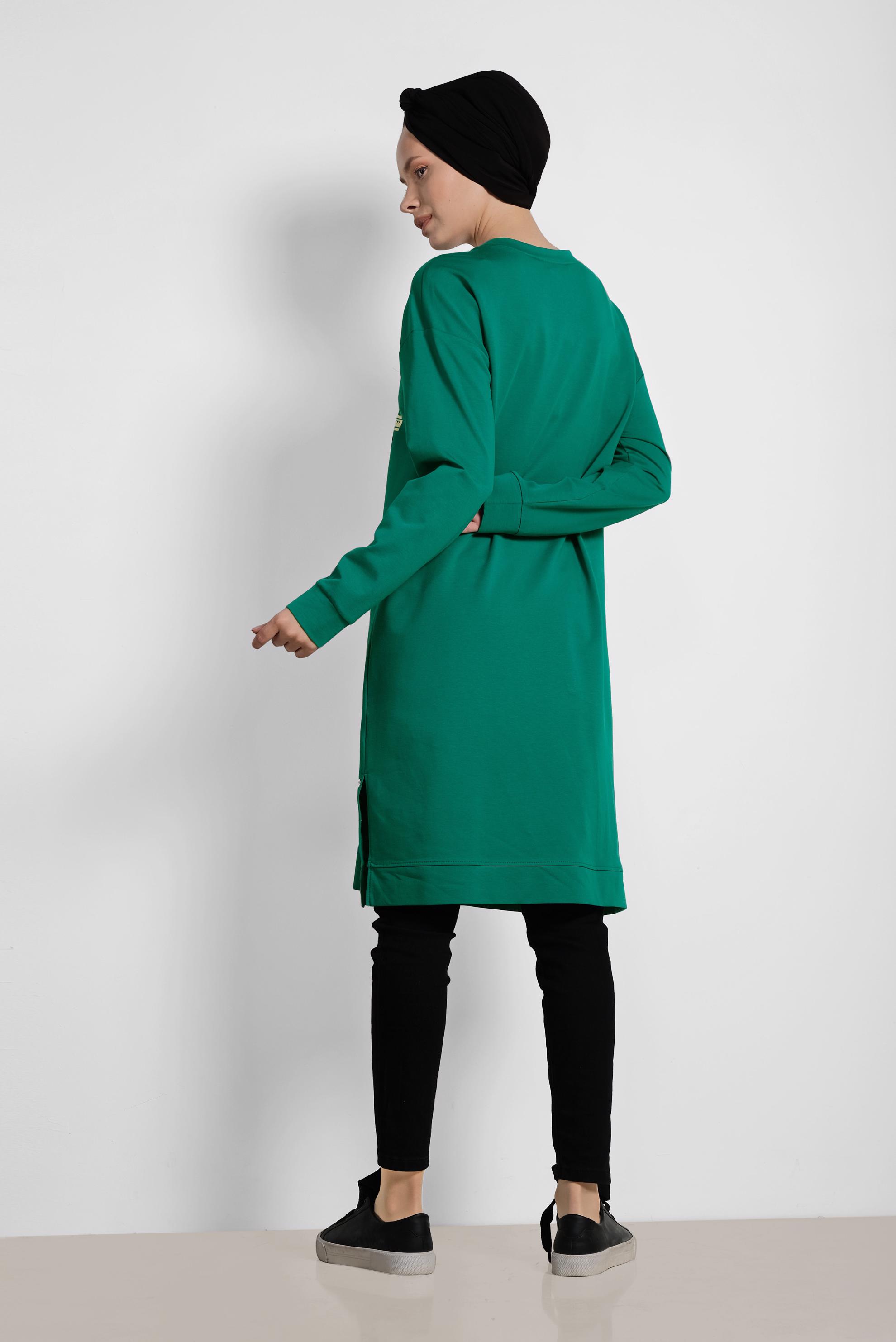 Tesettür giyim YEŞİL LEOPAR DESENİ DETAYLI PAMUKLU TUNİK 4038