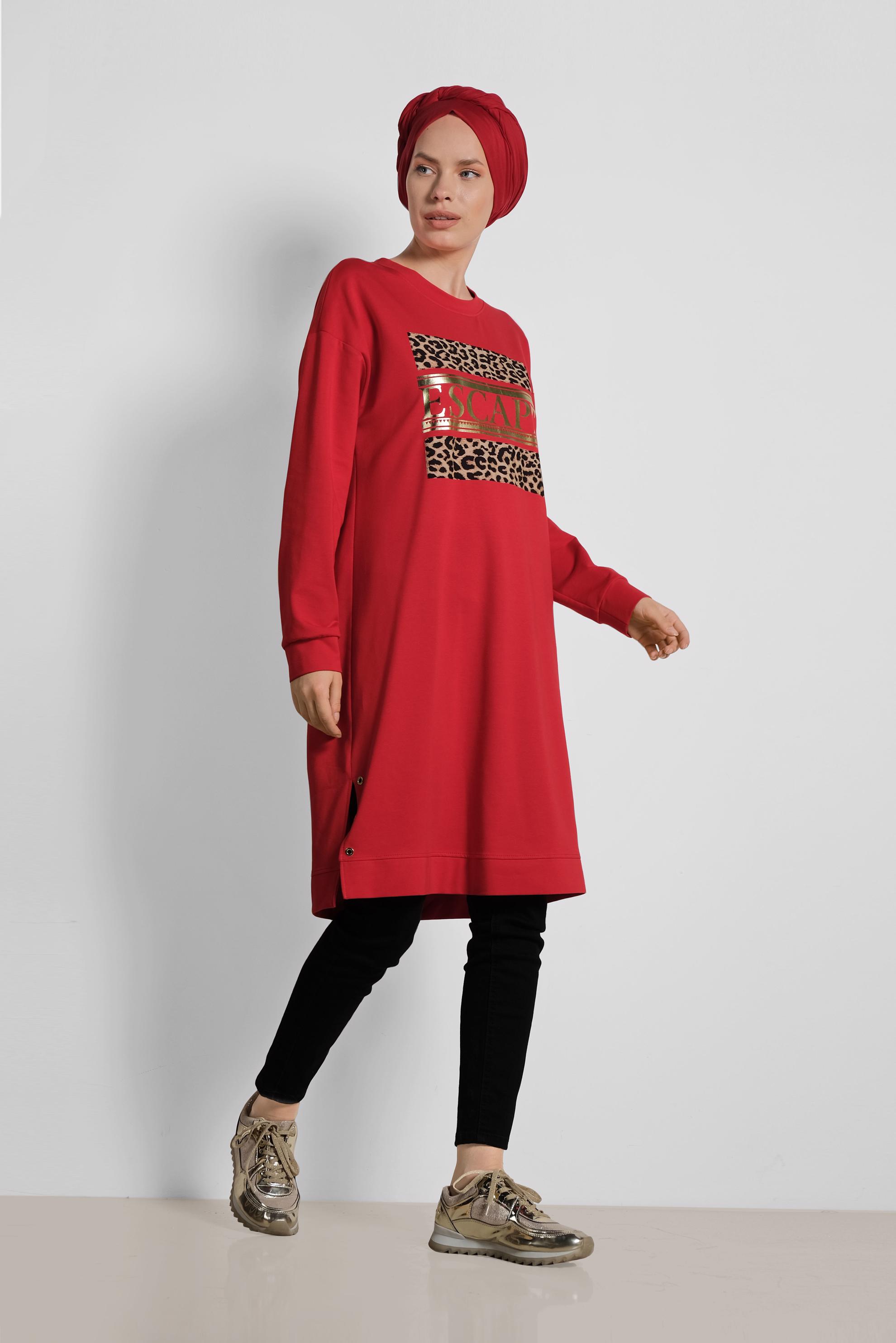 Tesettür giyim KIRMIZI LEOPAR DESENİ DETAYLI PAMUKLU TUNİK 4038