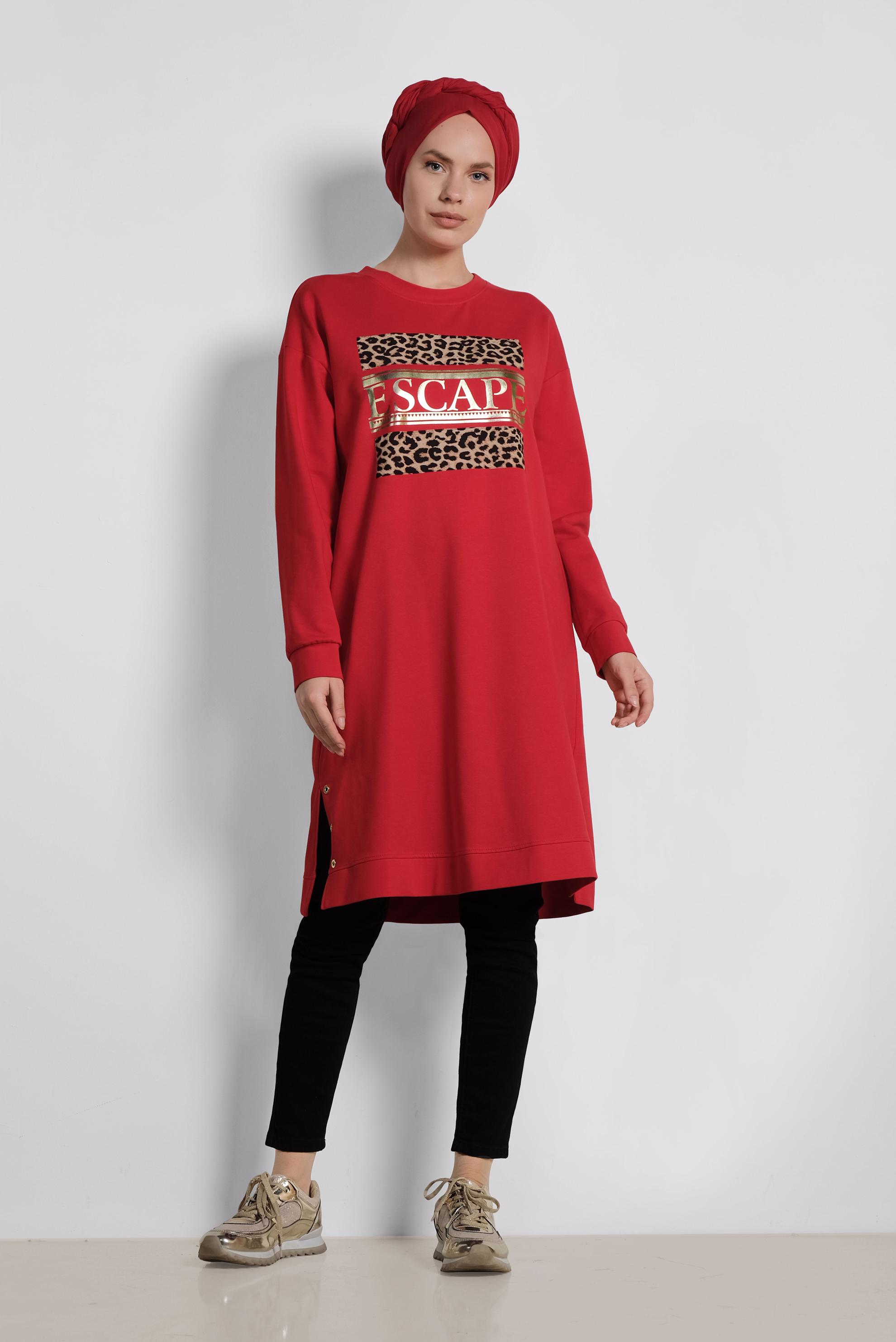 Tesettür giyim KIRMIZI LEOPAR DESENİ DETAYLI PAMUKLU TUNİK 4038