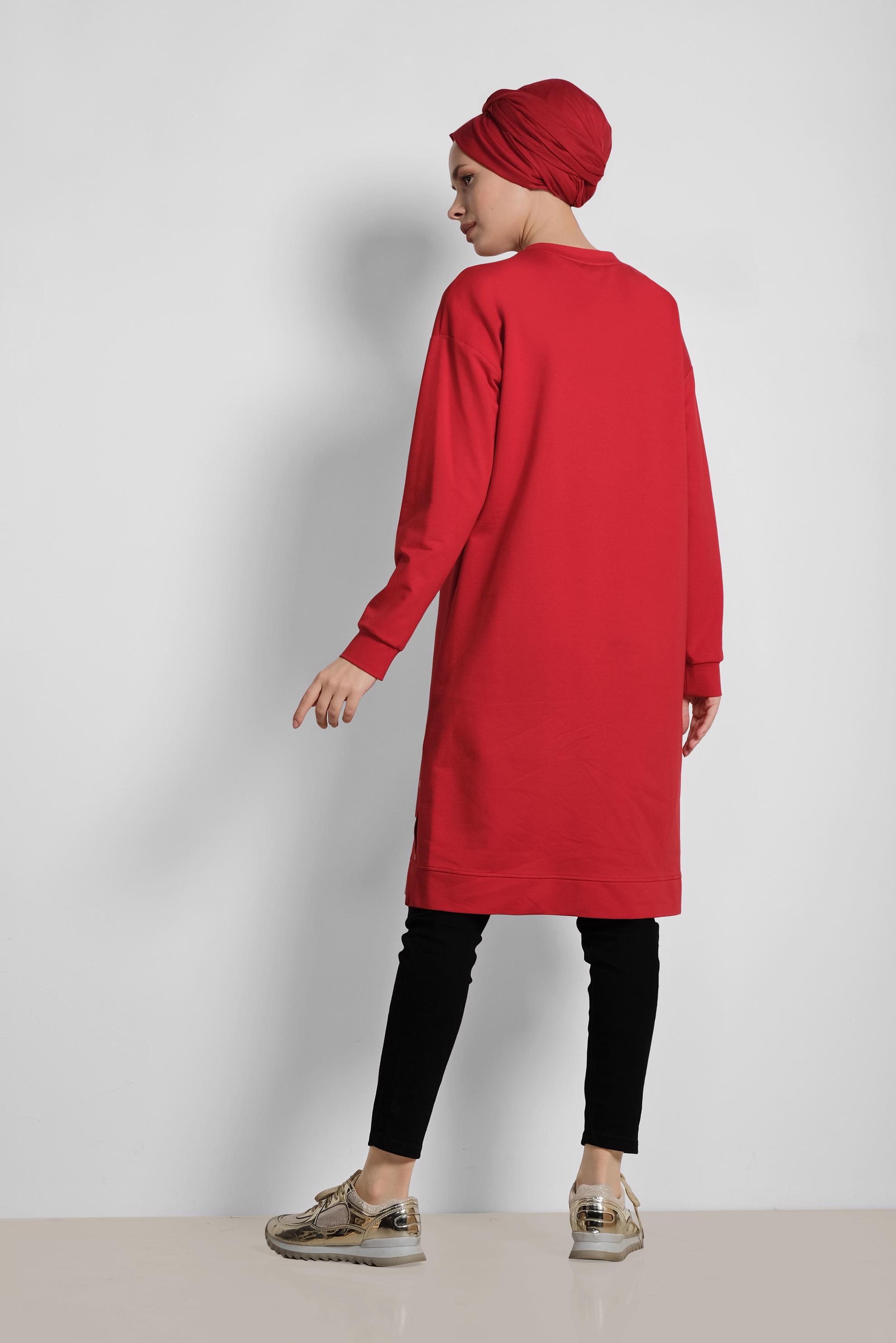 Tesettür giyim KIRMIZI LEOPAR DESENİ DETAYLI PAMUKLU TUNİK 4038