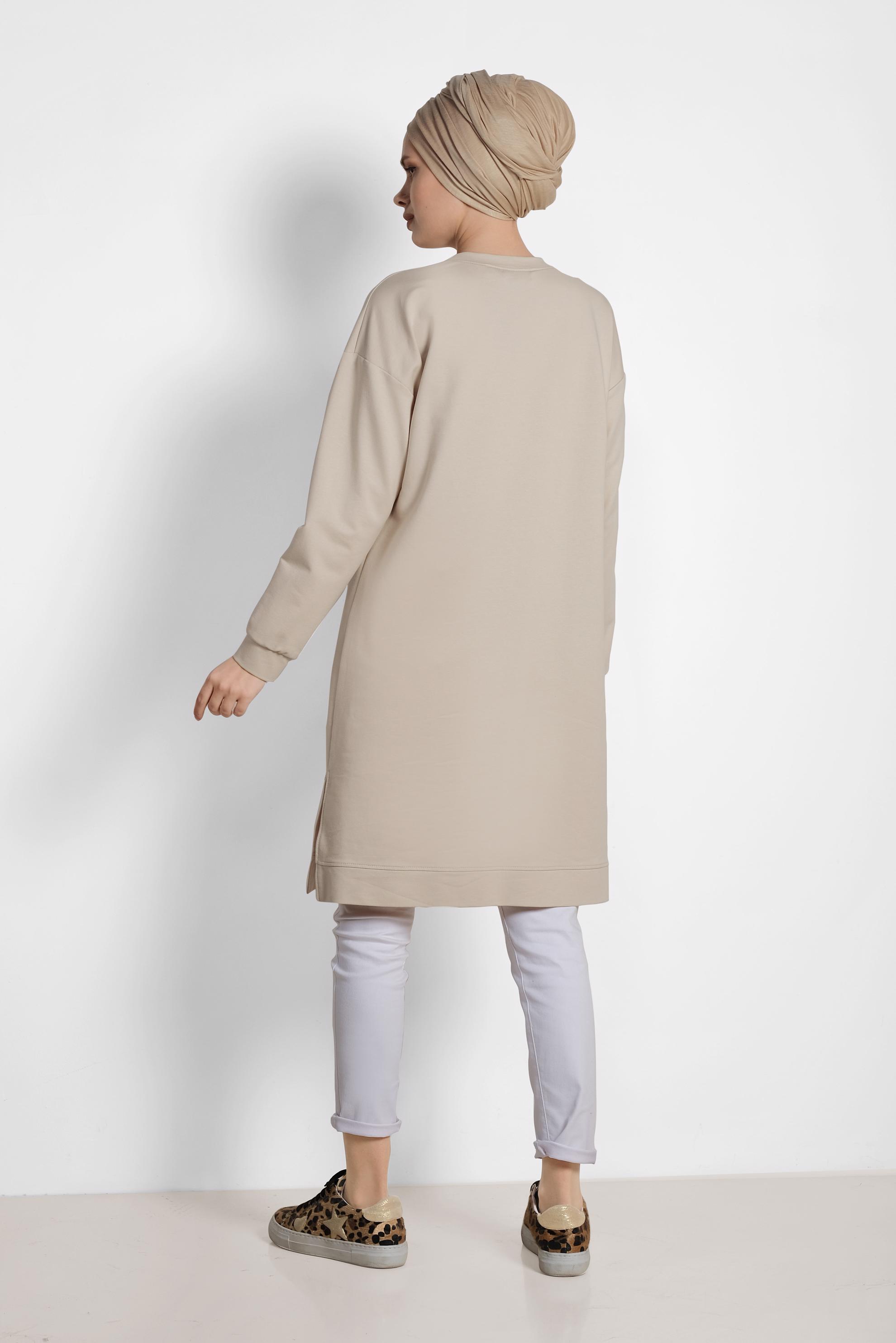 Tesettür giyim BEJ LEOPAR DESENİ DETAYLI PAMUKLU TUNİK 4038