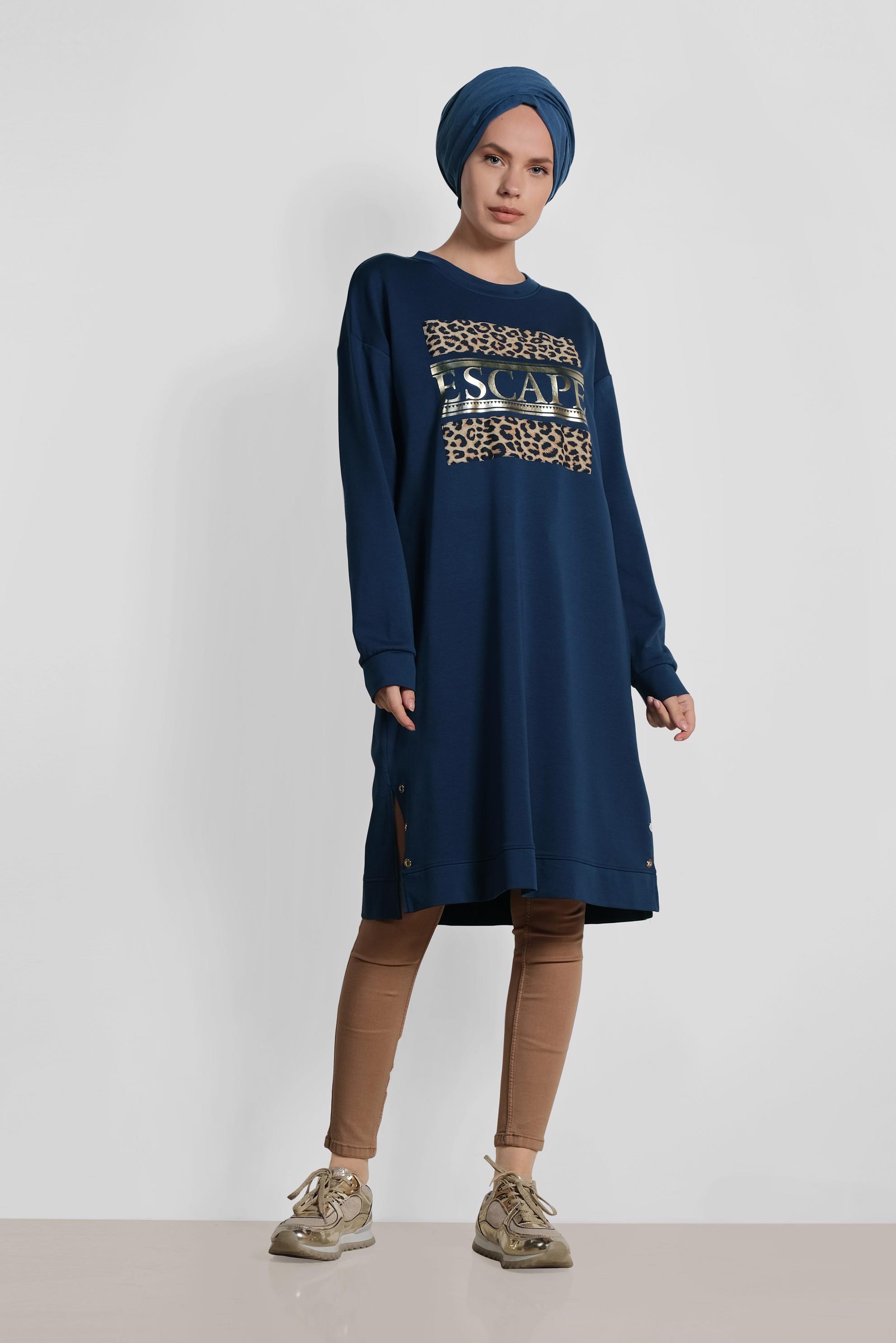 Tesettür giyim LACİVERT LEOPAR DESENİ DETAYLI PAMUKLU TUNİK 4038