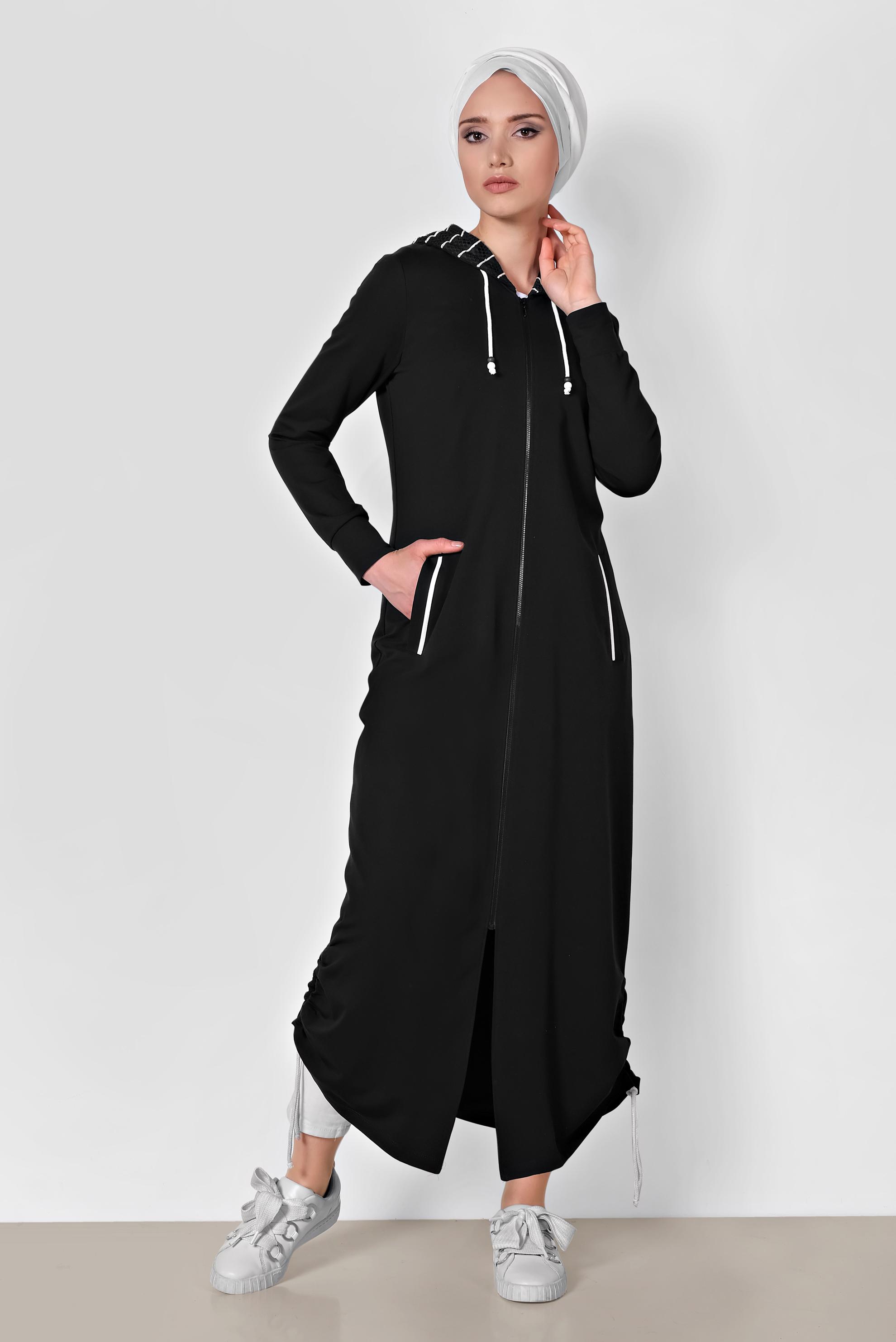 Tesettür giyim SİYAH CEPLİ FERMUARLI UZUN EŞOFMAN TUNİK 4042