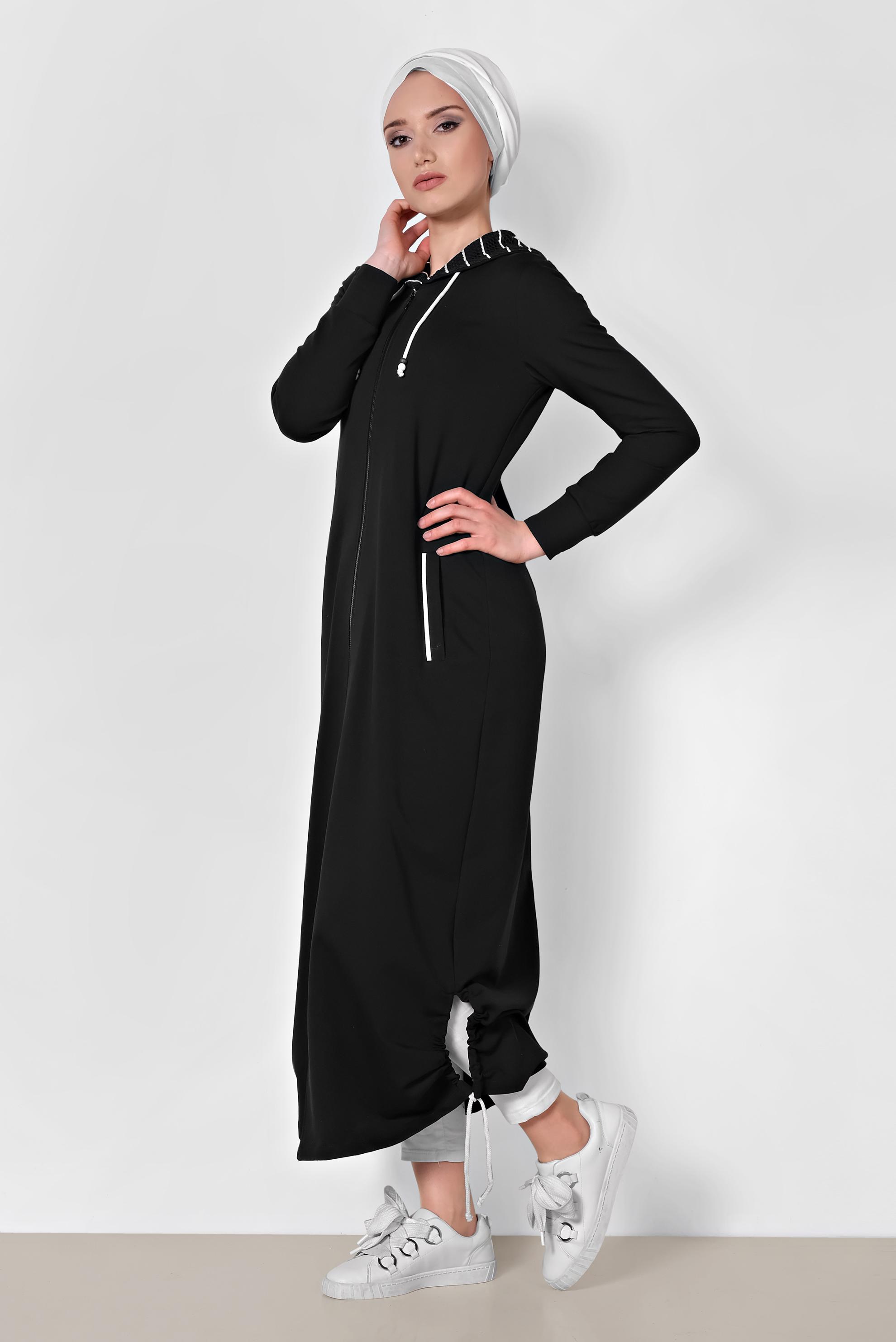 Tesettür giyim SİYAH CEPLİ FERMUARLI UZUN EŞOFMAN TUNİK 4042