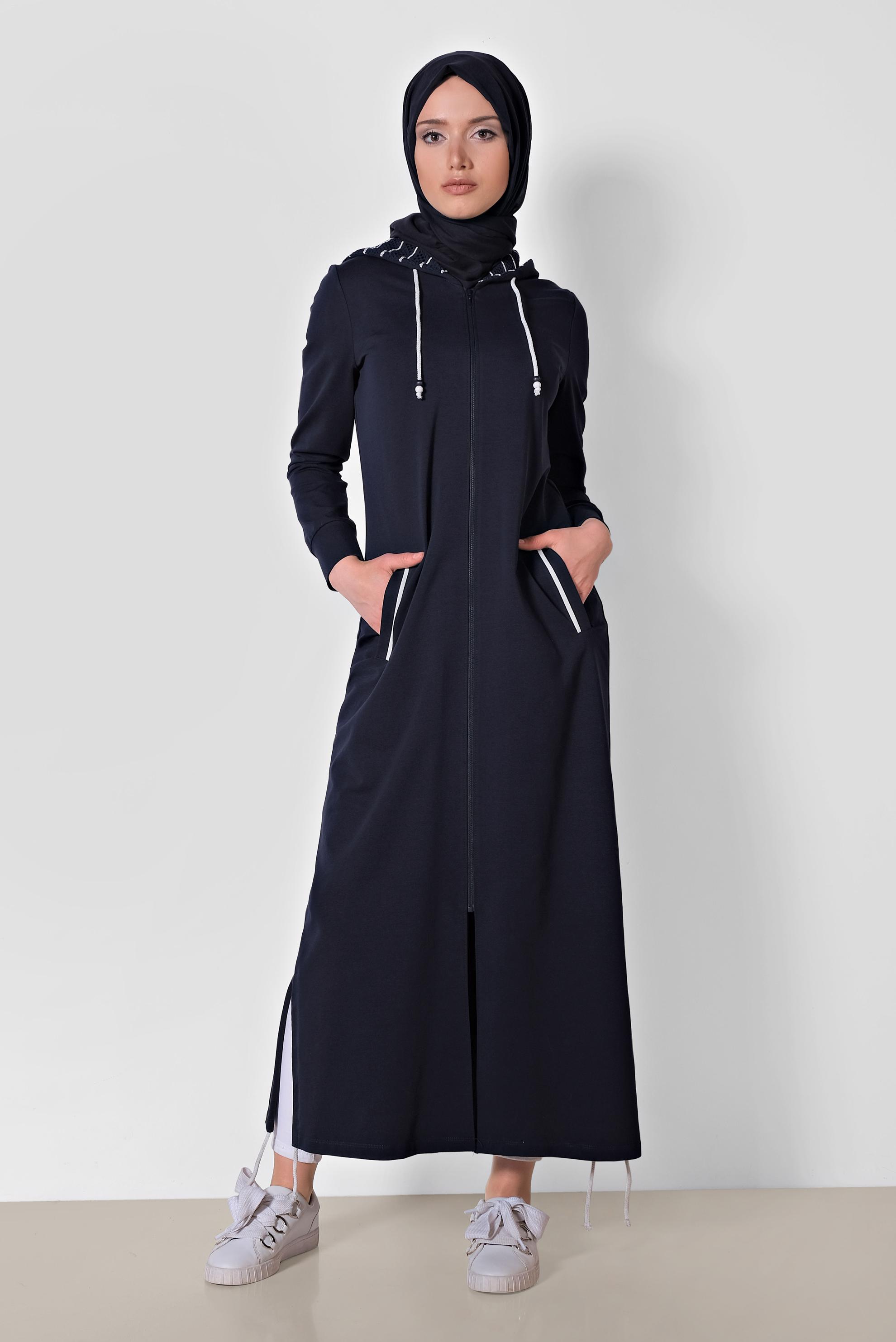 Tesettür giyim LACİVERT CEPLİ FERMUARLI UZUN EŞOFMAN TUNİK 4042
