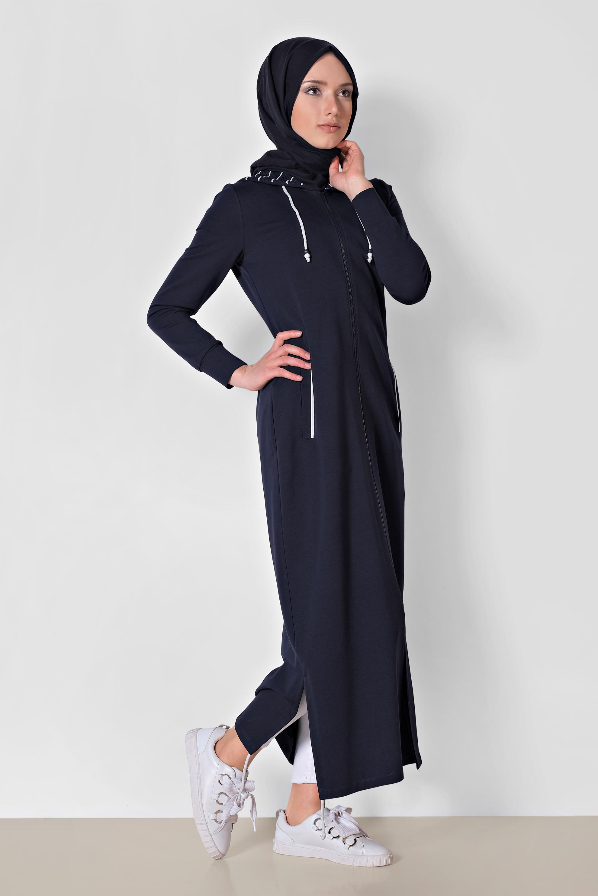 Tesettür giyim LACİVERT CEPLİ FERMUARLI UZUN EŞOFMAN TUNİK 4042