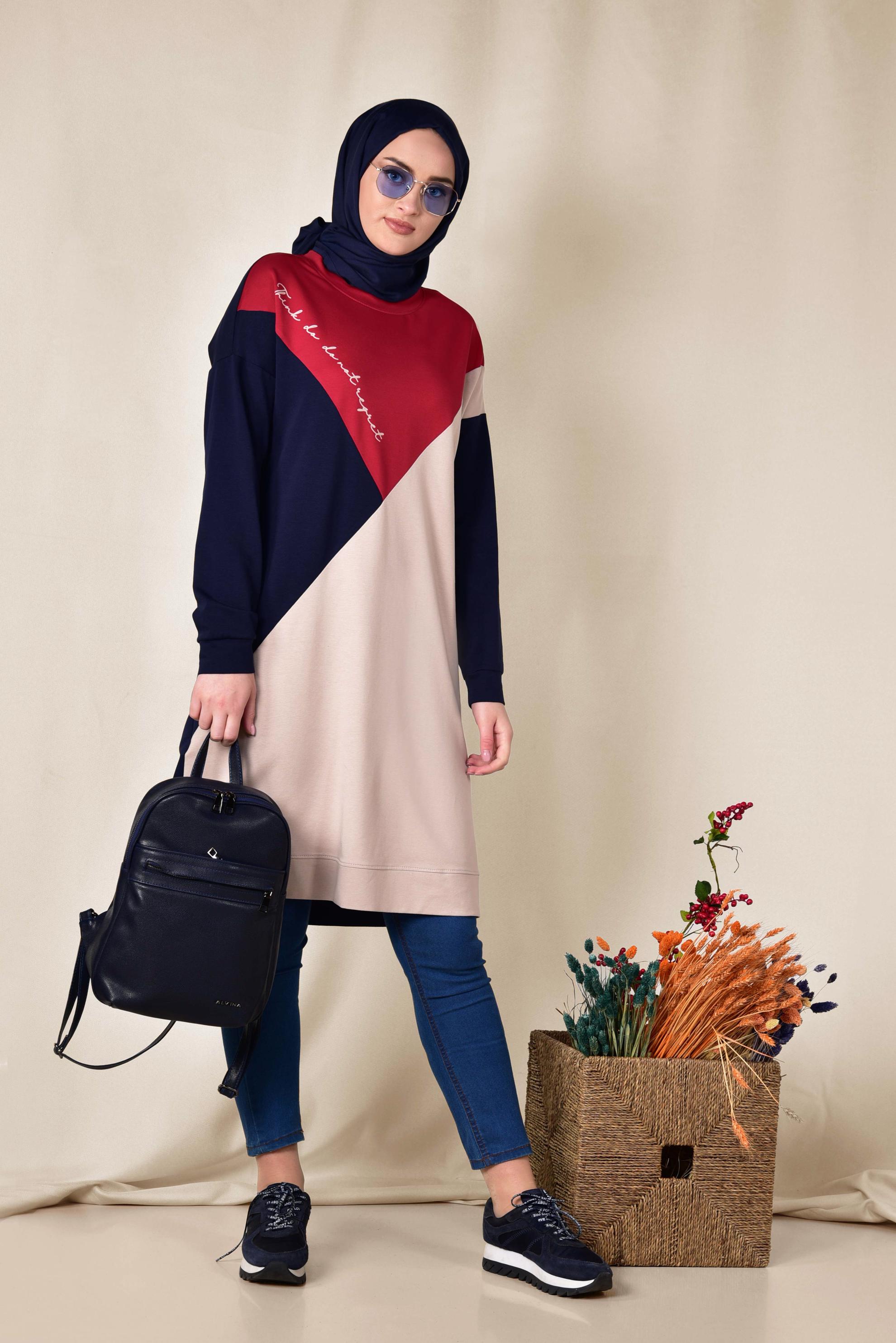 Tesettür giyim LACİVERT YAZI DETAYLI 3 RENKLİ EŞOFMAN TUNİK 4043