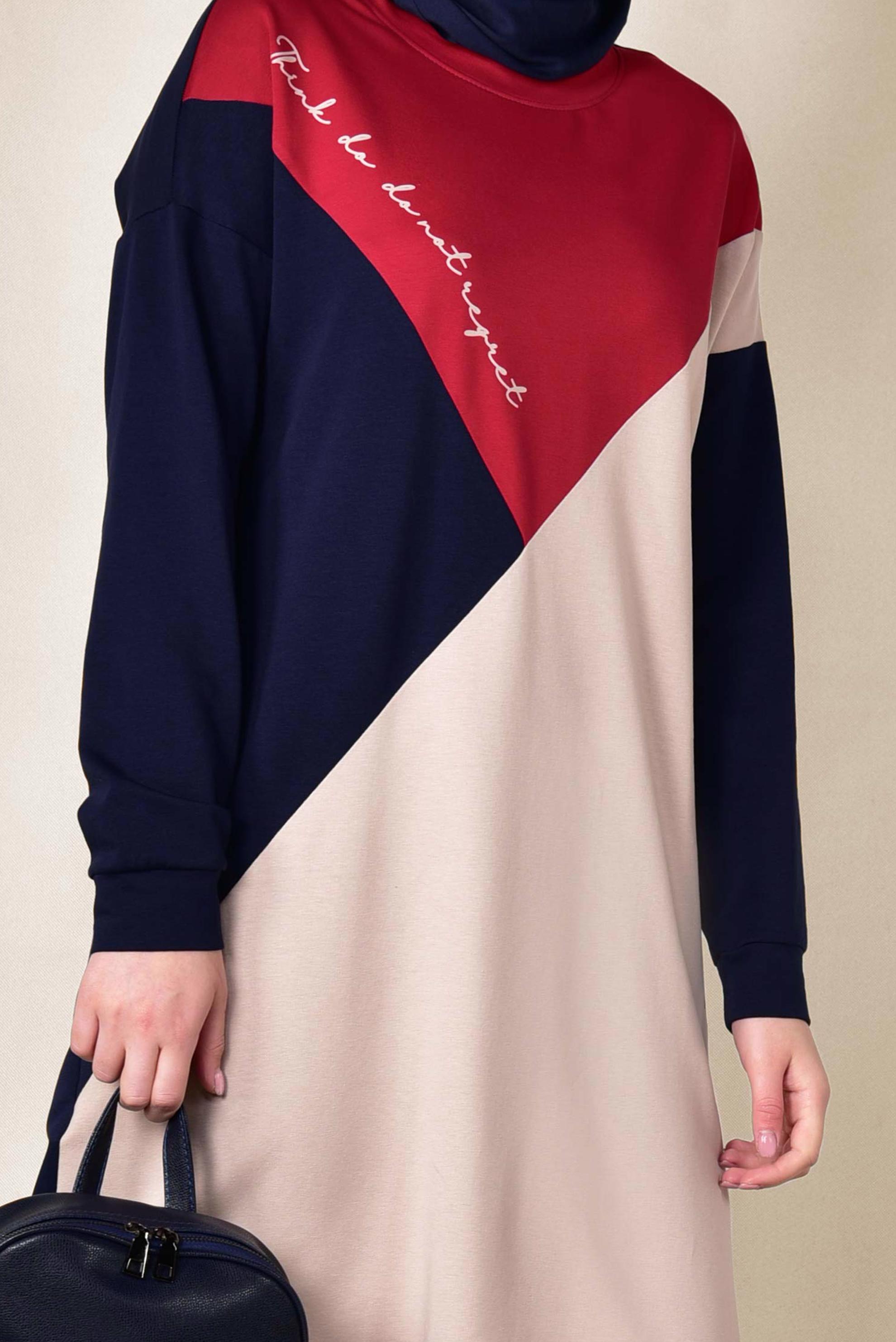 Tesettür giyim LACİVERT YAZI DETAYLI 3 RENKLİ EŞOFMAN TUNİK 4043