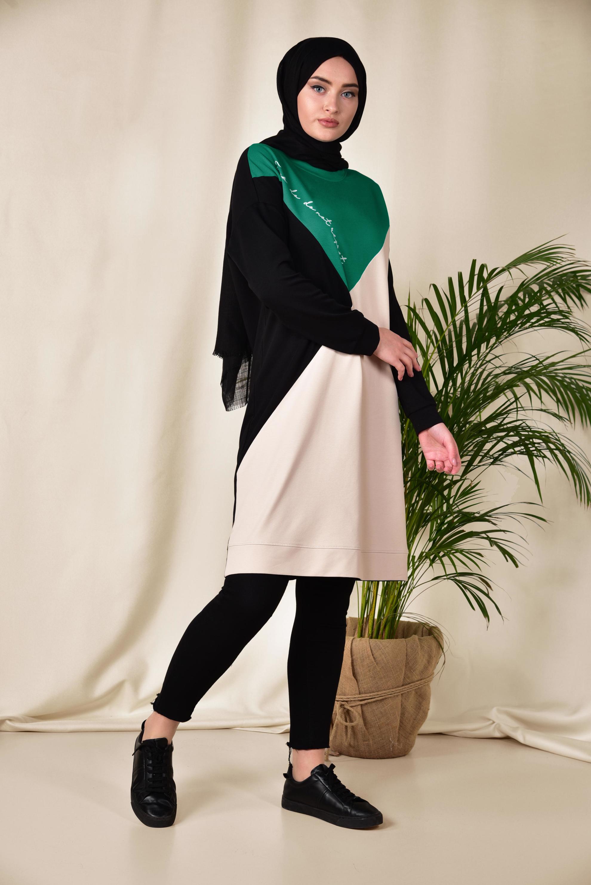 Tesettür giyim SİYAH YAZI DETAYLI 3 RENKLİ EŞOFMAN TUNİK 4043