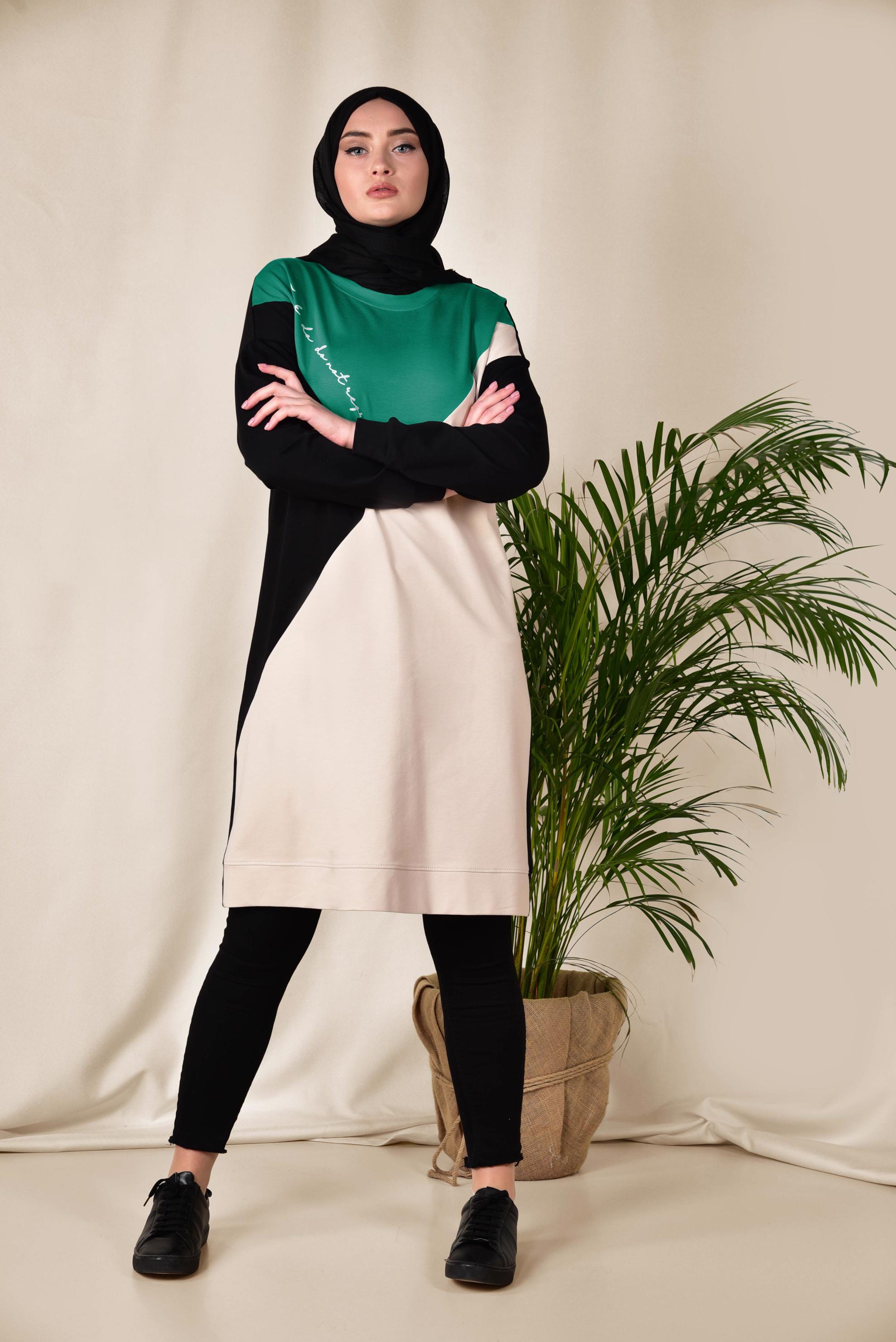 Tesettür giyim SİYAH YAZI DETAYLI 3 RENKLİ EŞOFMAN TUNİK 4043