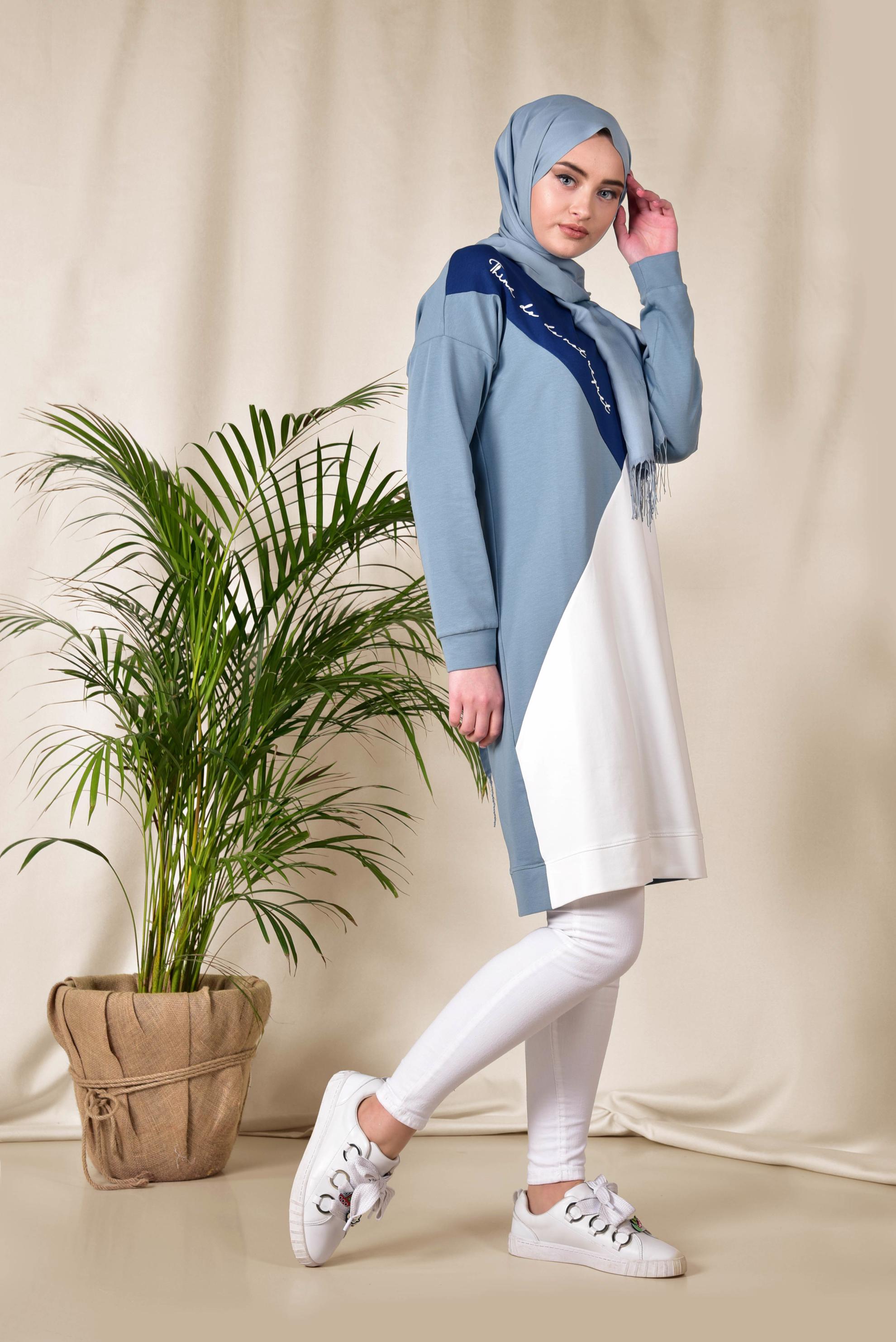 Tesettür giyim MAVİ YAZI DETAYLI 3 RENKLİ EŞOFMAN TUNİK 4043