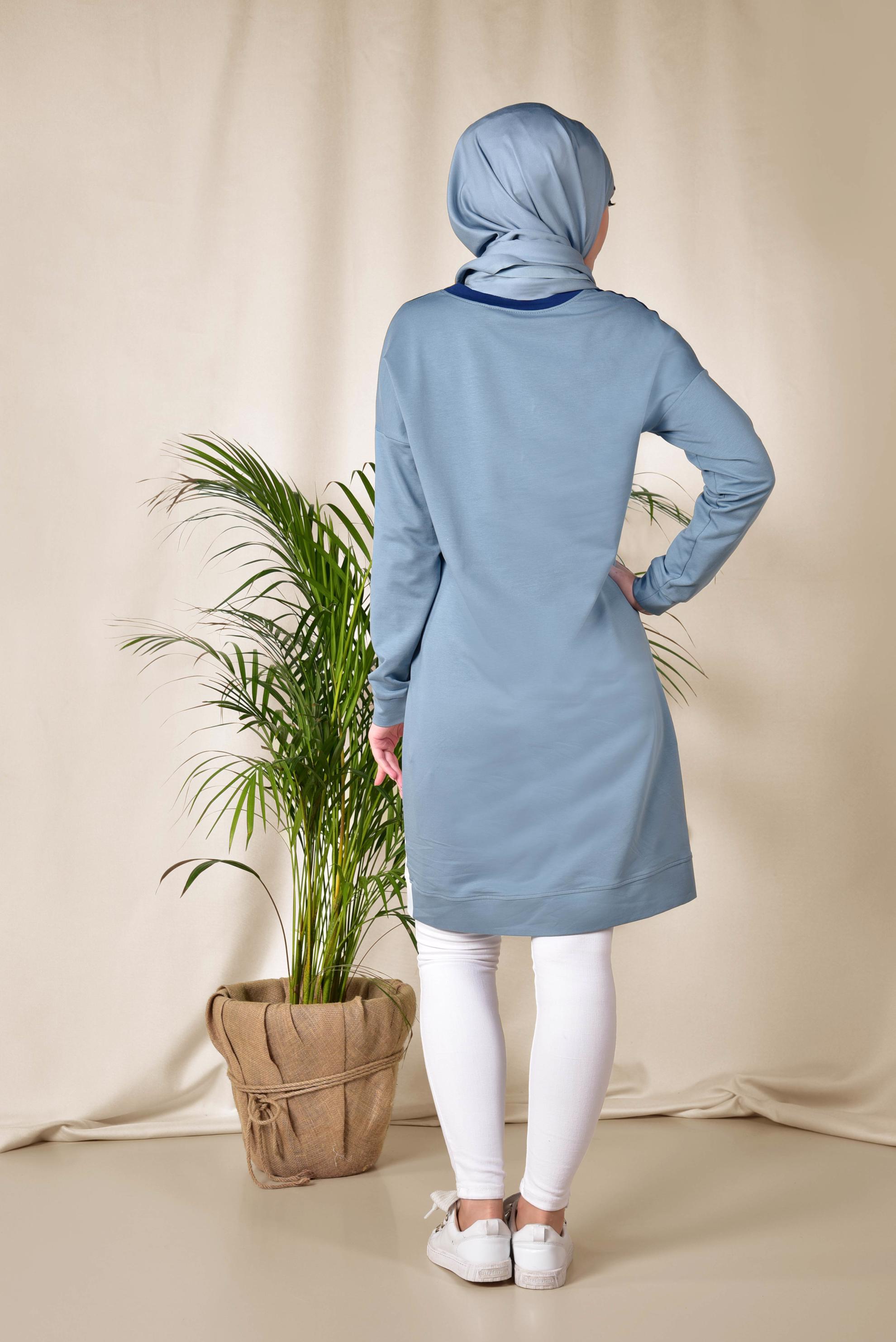 Tesettür giyim MAVİ YAZI DETAYLI 3 RENKLİ EŞOFMAN TUNİK 4043