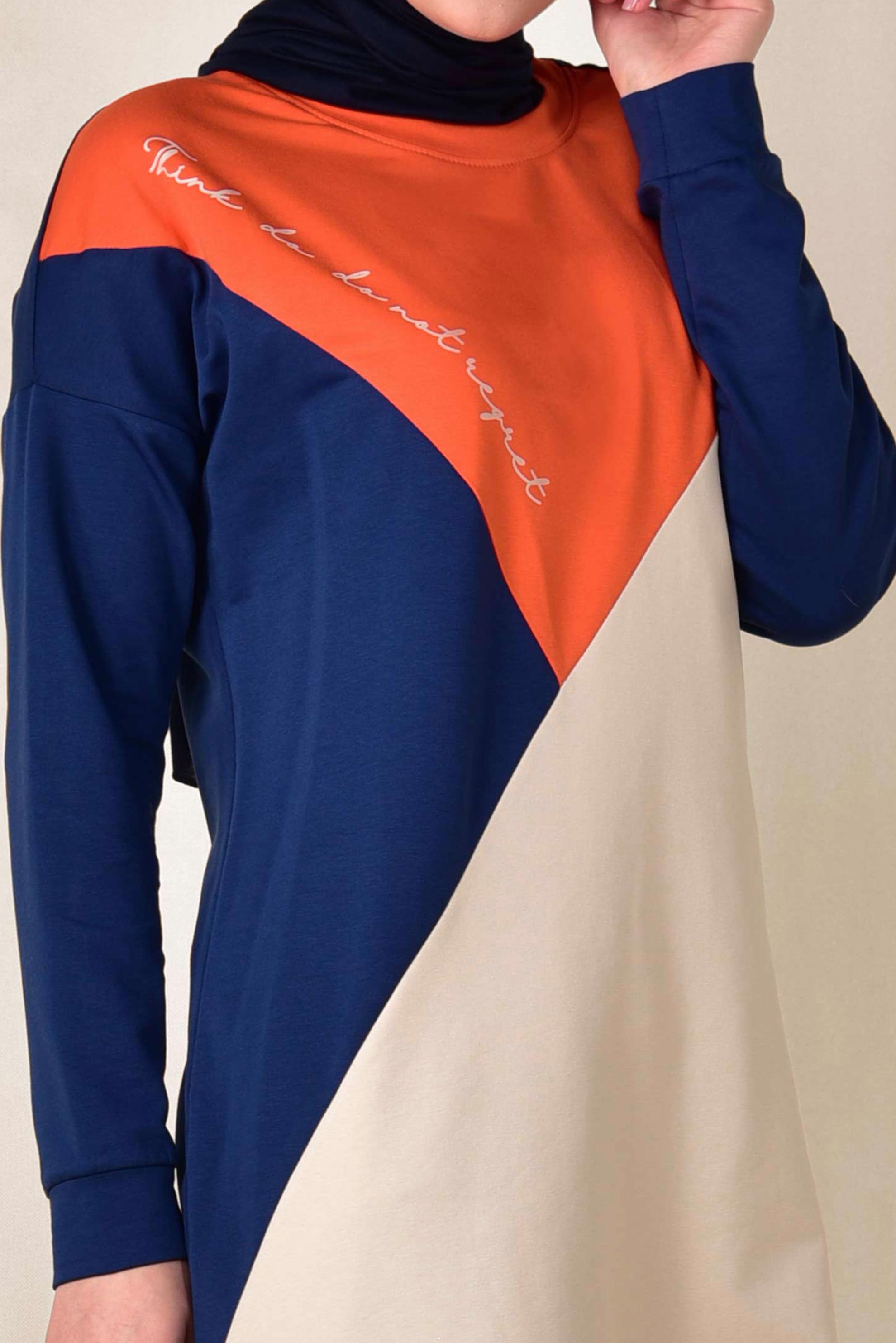 Tesettür giyim LACİVERT YAZI DETAYLI 3 RENKLİ EŞOFMAN TUNİK 4043