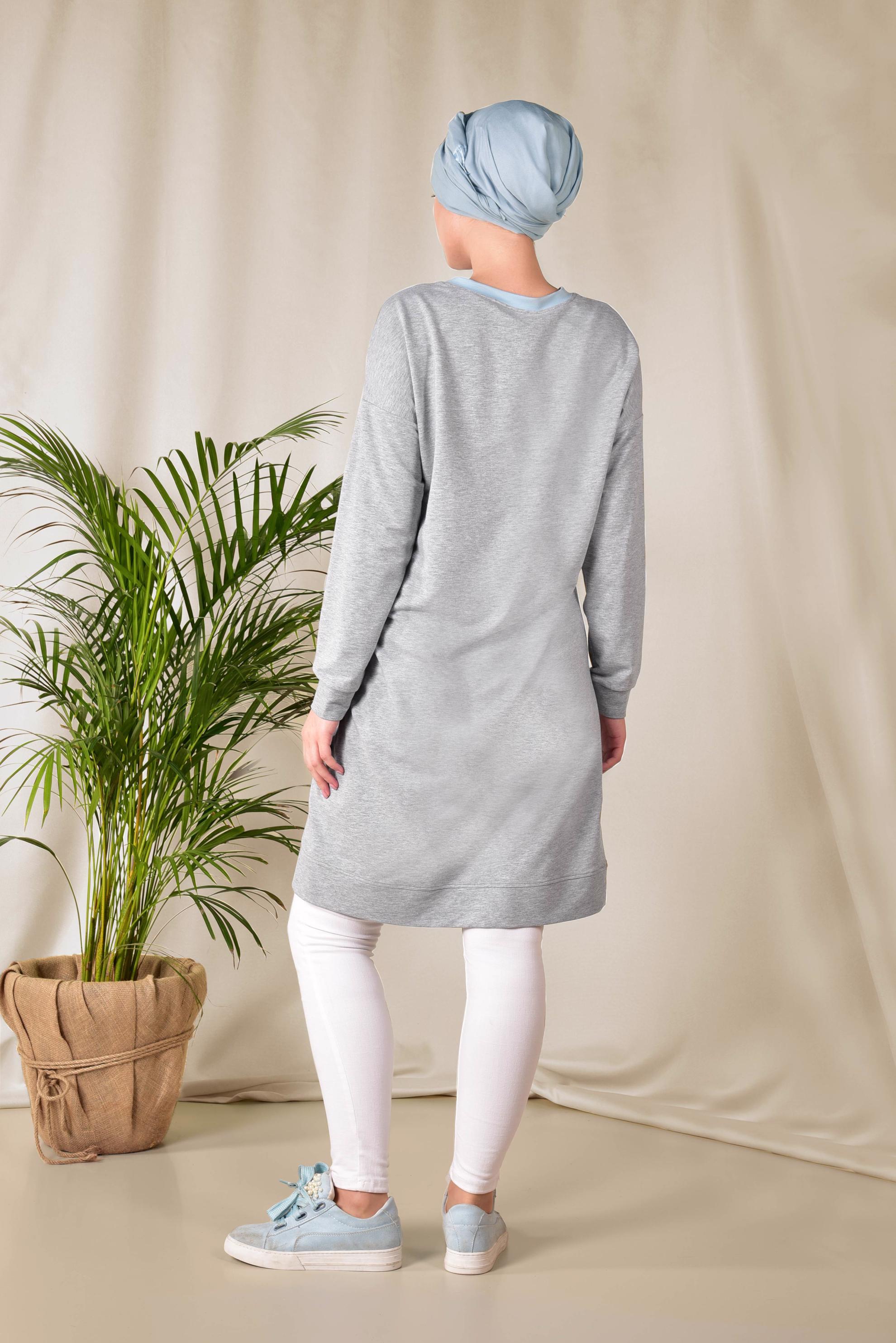 Tesettür giyim GRİ YAZI DETAYLI 3 RENKLİ EŞOFMAN TUNİK 4043