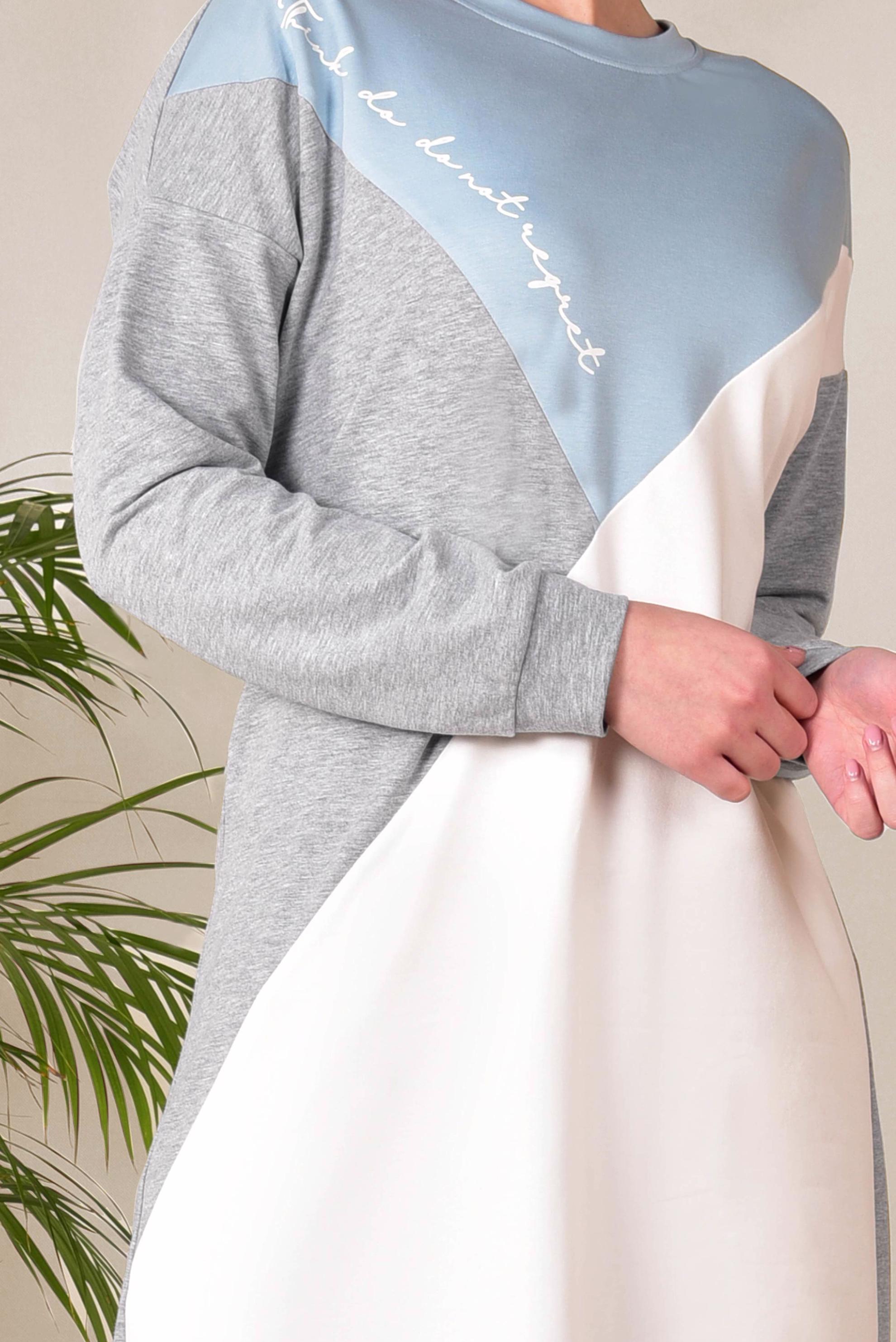 Tesettür giyim GRİ YAZI DETAYLI 3 RENKLİ EŞOFMAN TUNİK 4043