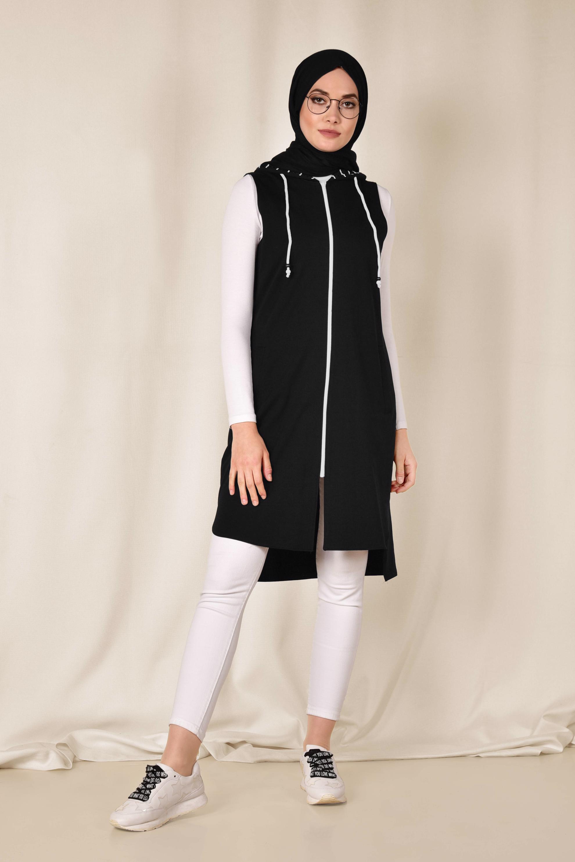 Tesettür giyim SİYAH FERMUARLI VE KAPÜŞONLU SPOR YELEK 4046 