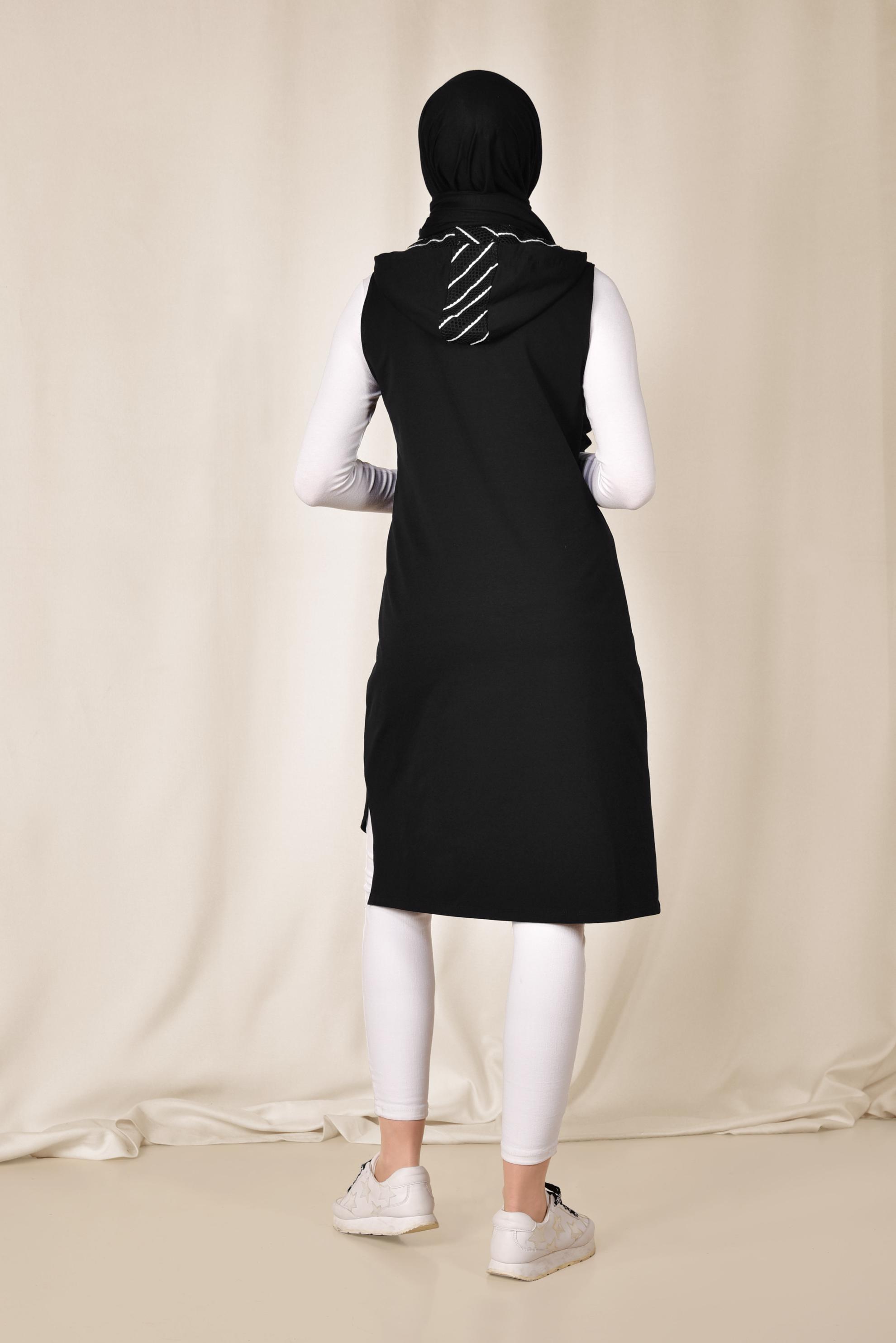 Tesettür giyim SİYAH FERMUARLI VE KAPÜŞONLU SPOR YELEK 4046 