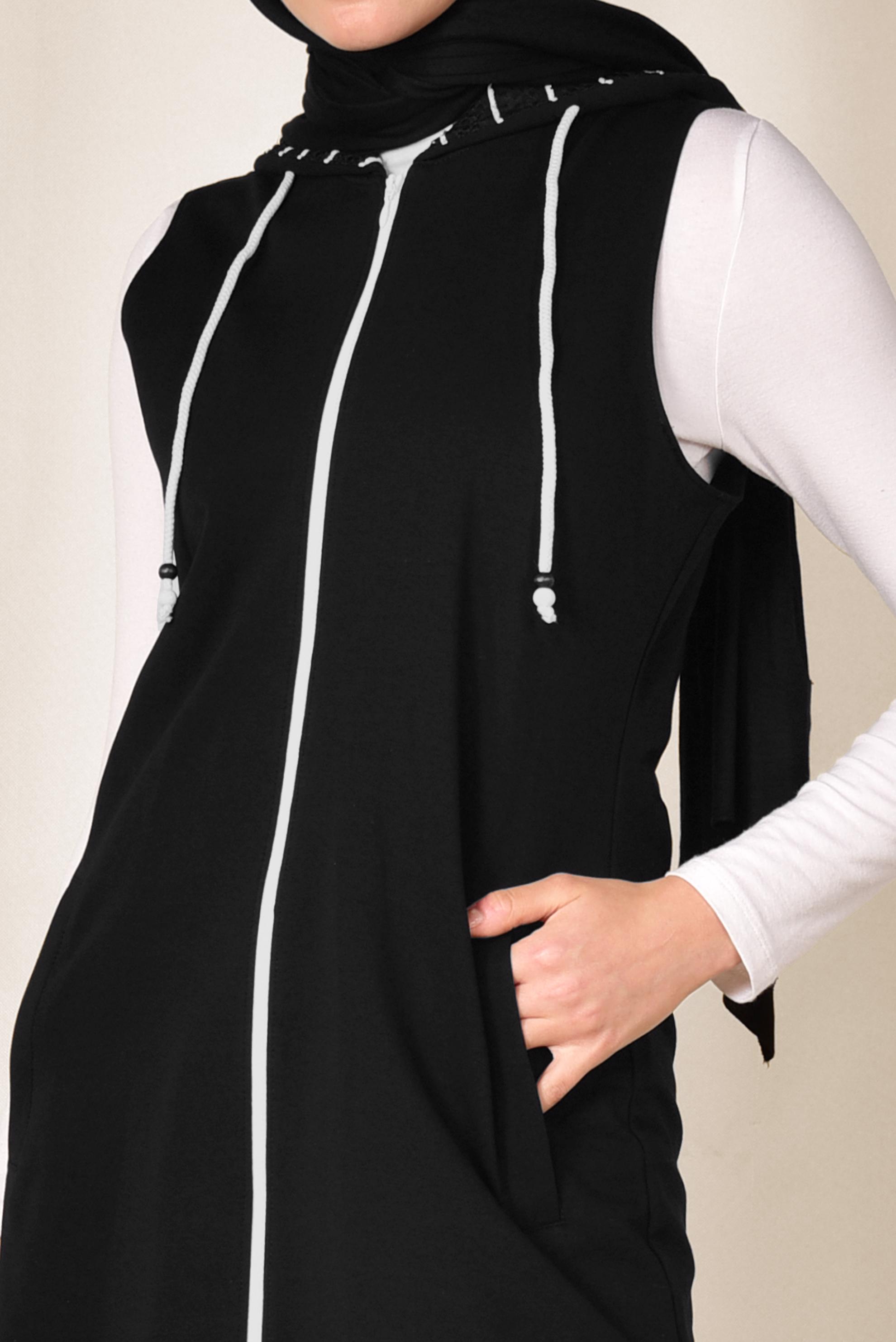 Tesettür giyim SİYAH FERMUARLI VE KAPÜŞONLU SPOR YELEK 4046 