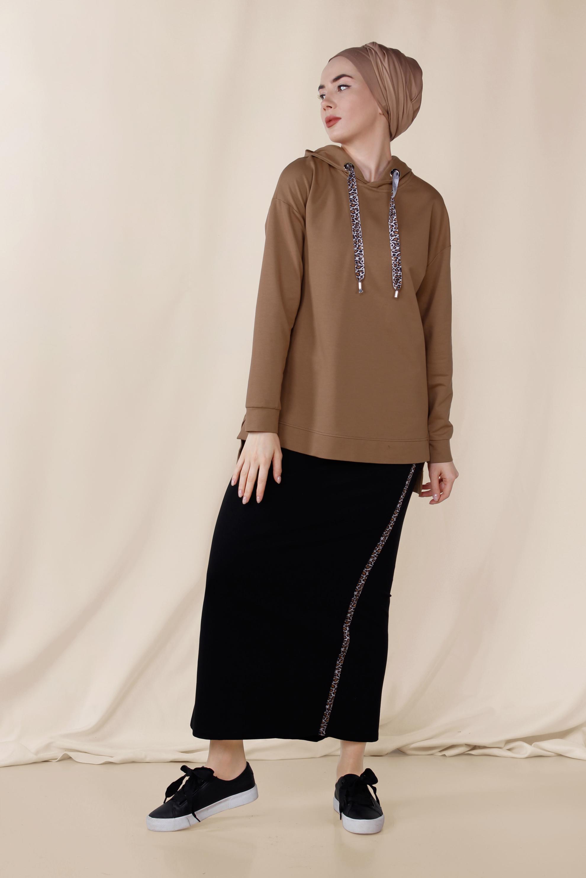 Tesettür giyim TABA LEOPAR DESEN ŞERİTLİ ETEKLİ EŞOFMAN TAKIMI 4068 