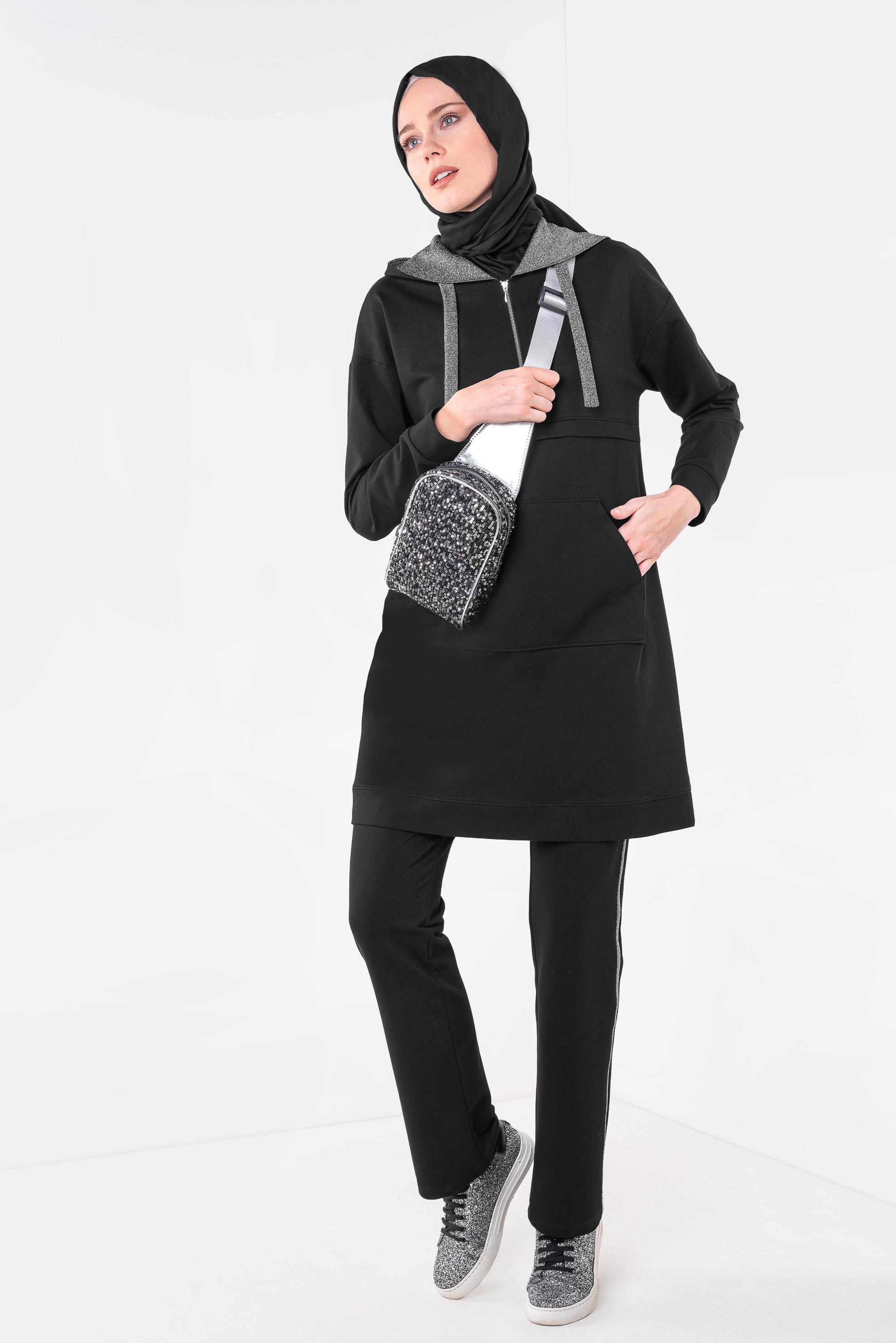 Tesettür giyim SİYAH CEP DETAYLI PENYE EŞOFMAN TAKIM 4069 