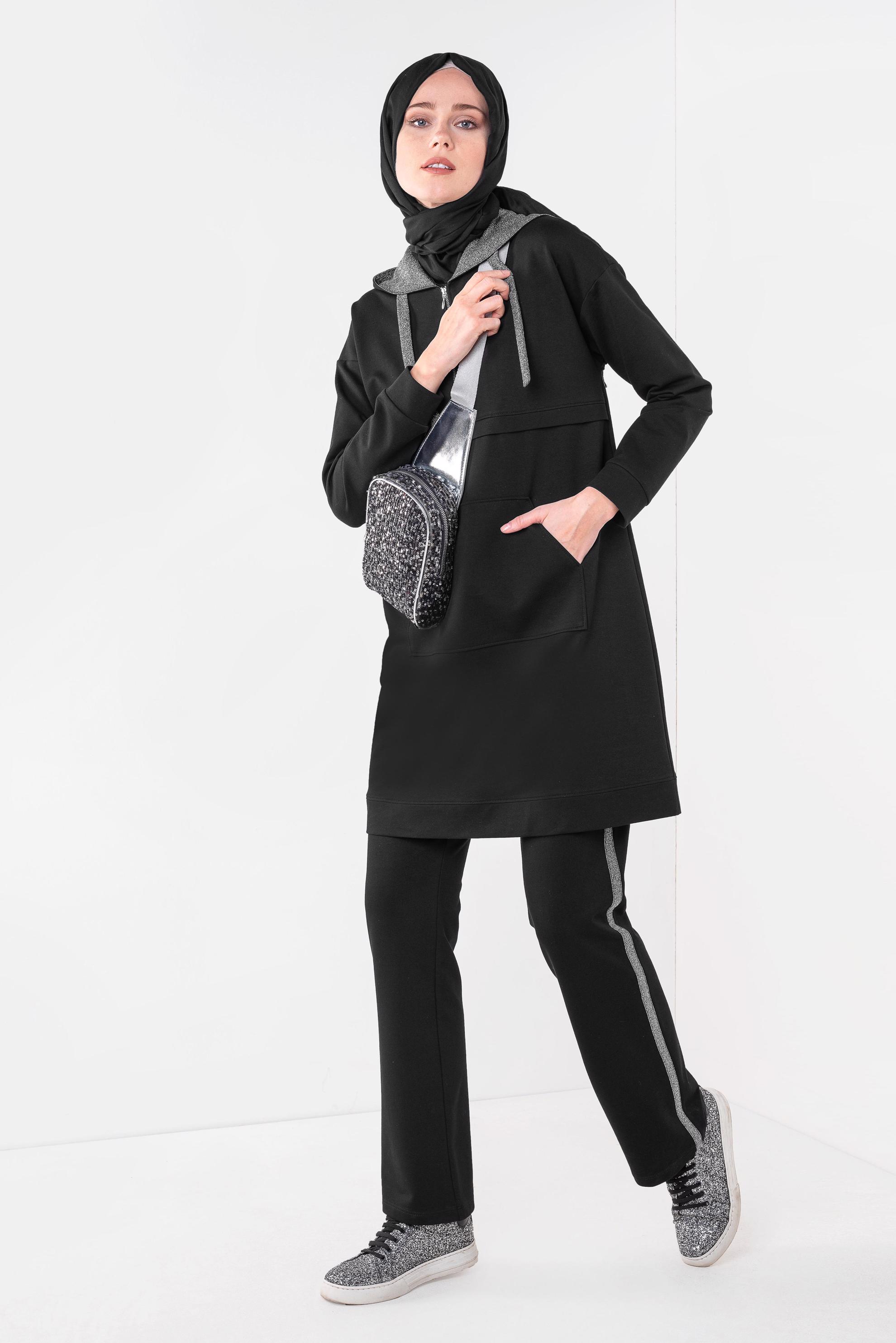 Tesettür giyim SİYAH CEP DETAYLI PENYE EŞOFMAN TAKIM 4069 