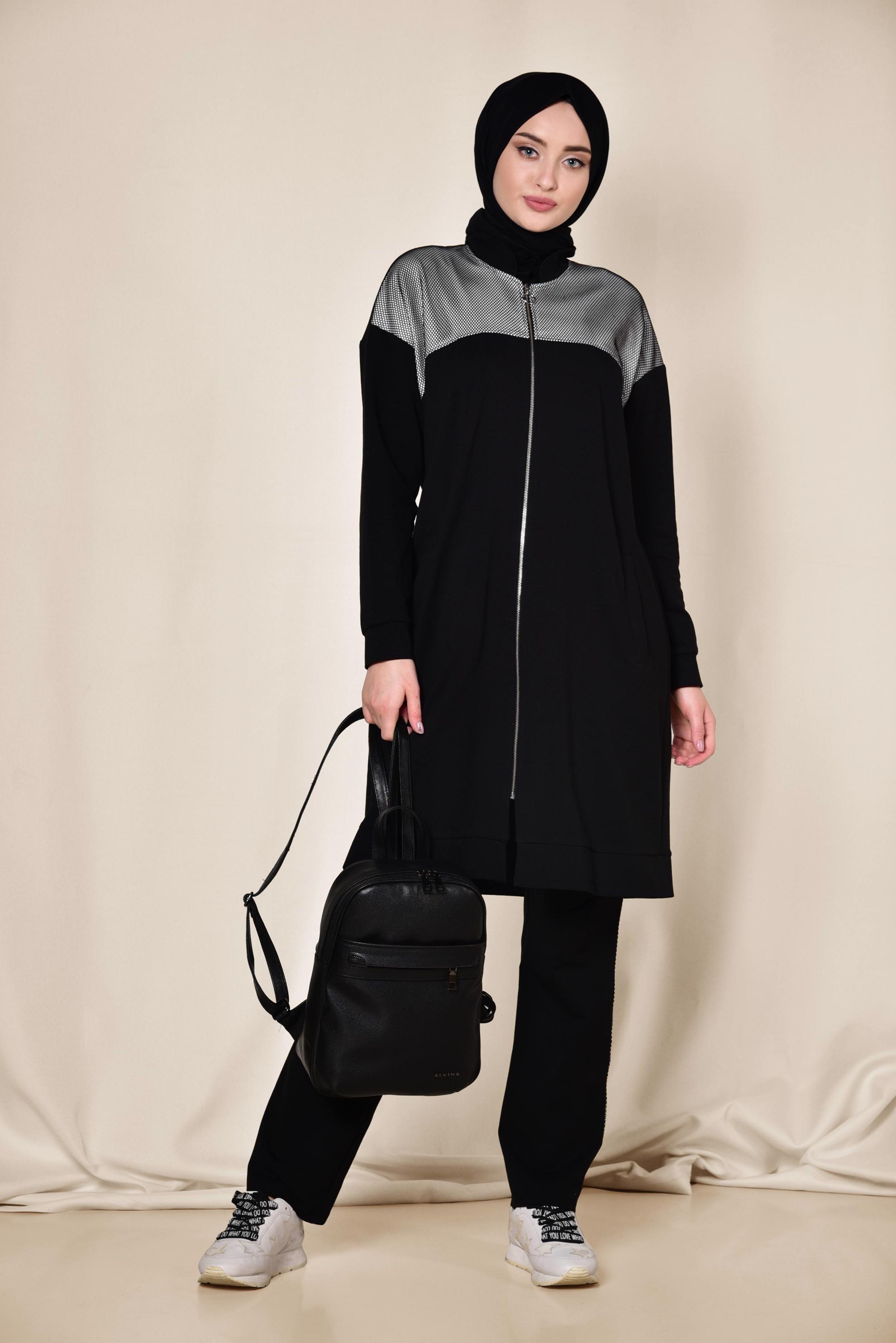 Hijab clothing BLACK Mandarin Collar Cotton Tracksuit 4073 