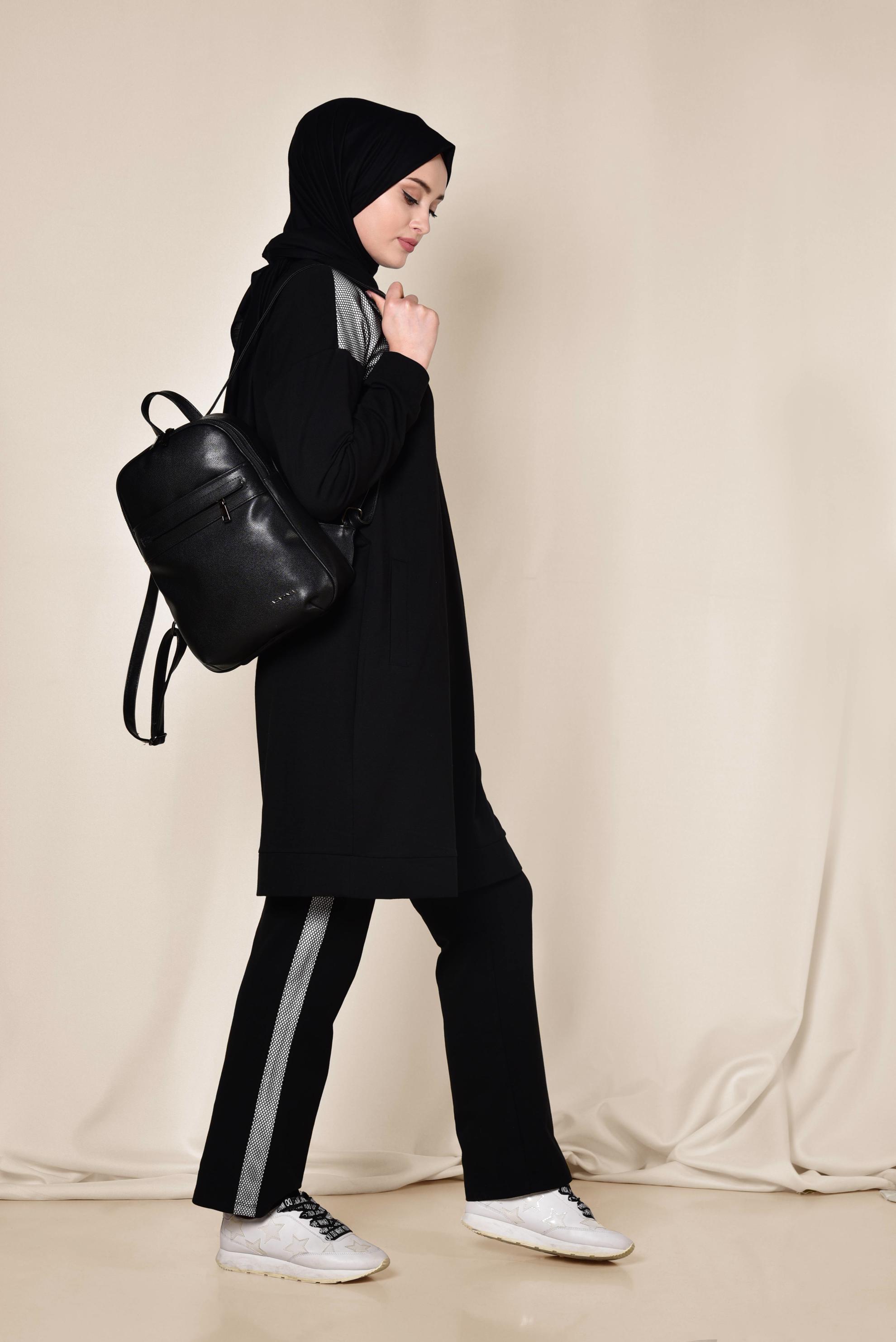 Hijab clothing BLACK Mandarin Collar Cotton Tracksuit 4073 