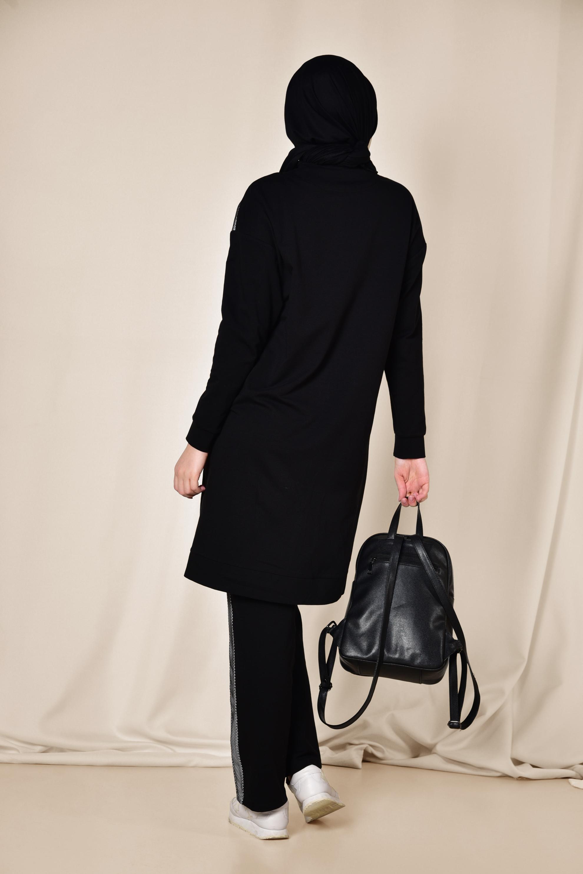 Hijab clothing BLACK Mandarin Collar Cotton Tracksuit 4073 