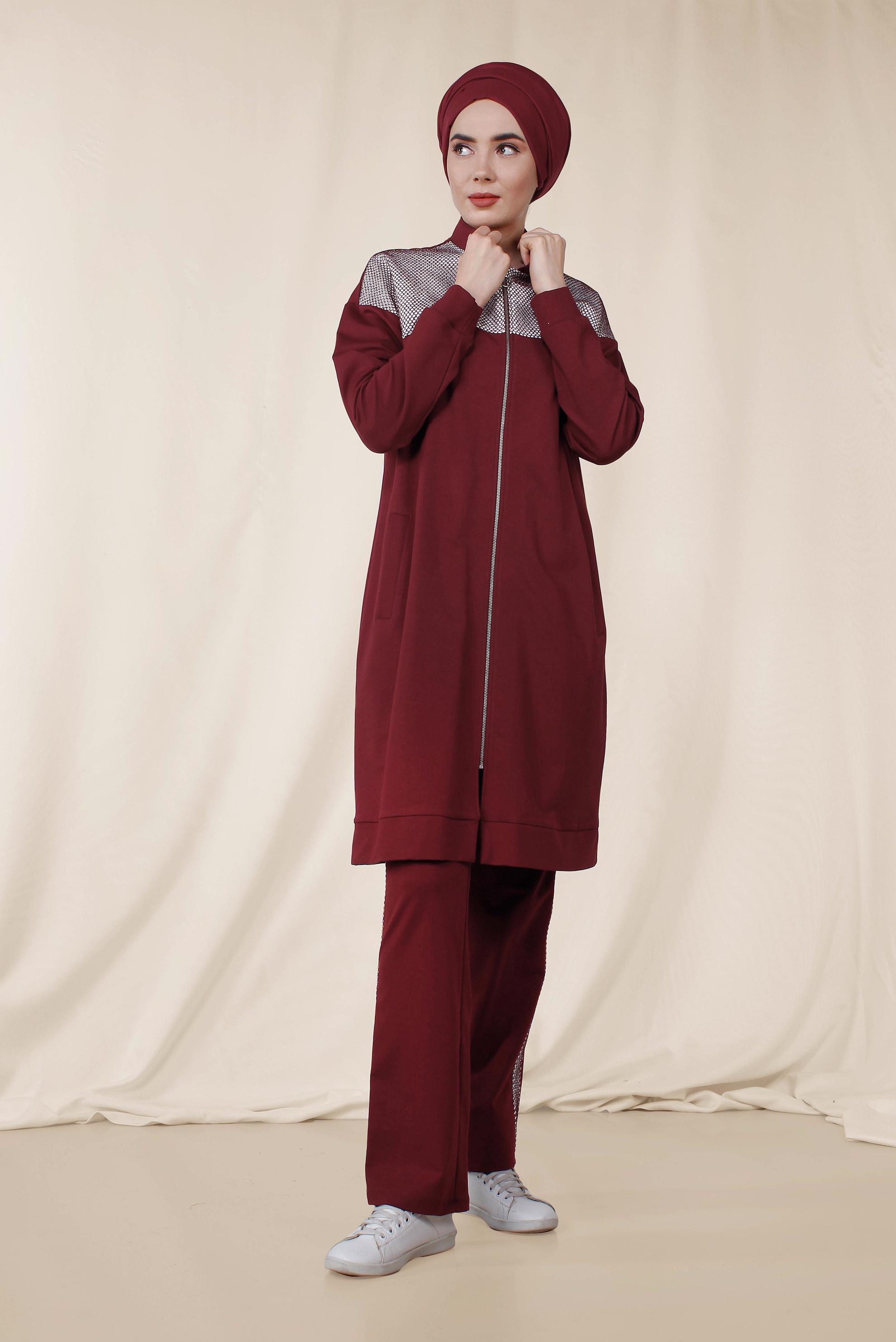 Tesettür giyim BORDO HAKİM YAKA PAMUKLU PANTOLONLU EŞOFMAN TAKIMI 4073