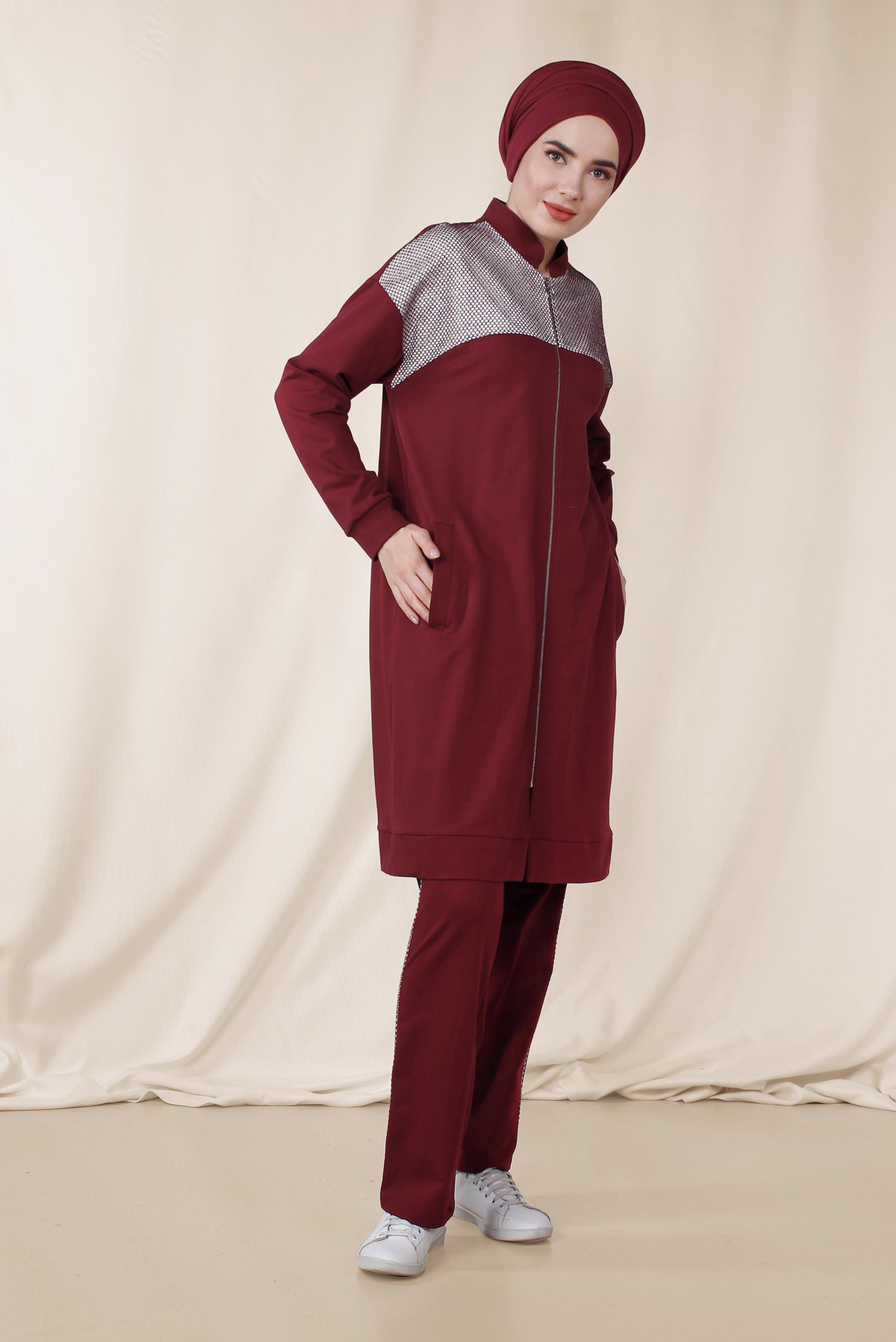 Tesettür giyim BORDO HAKİM YAKA PAMUKLU PANTOLONLU EŞOFMAN TAKIMI 4073