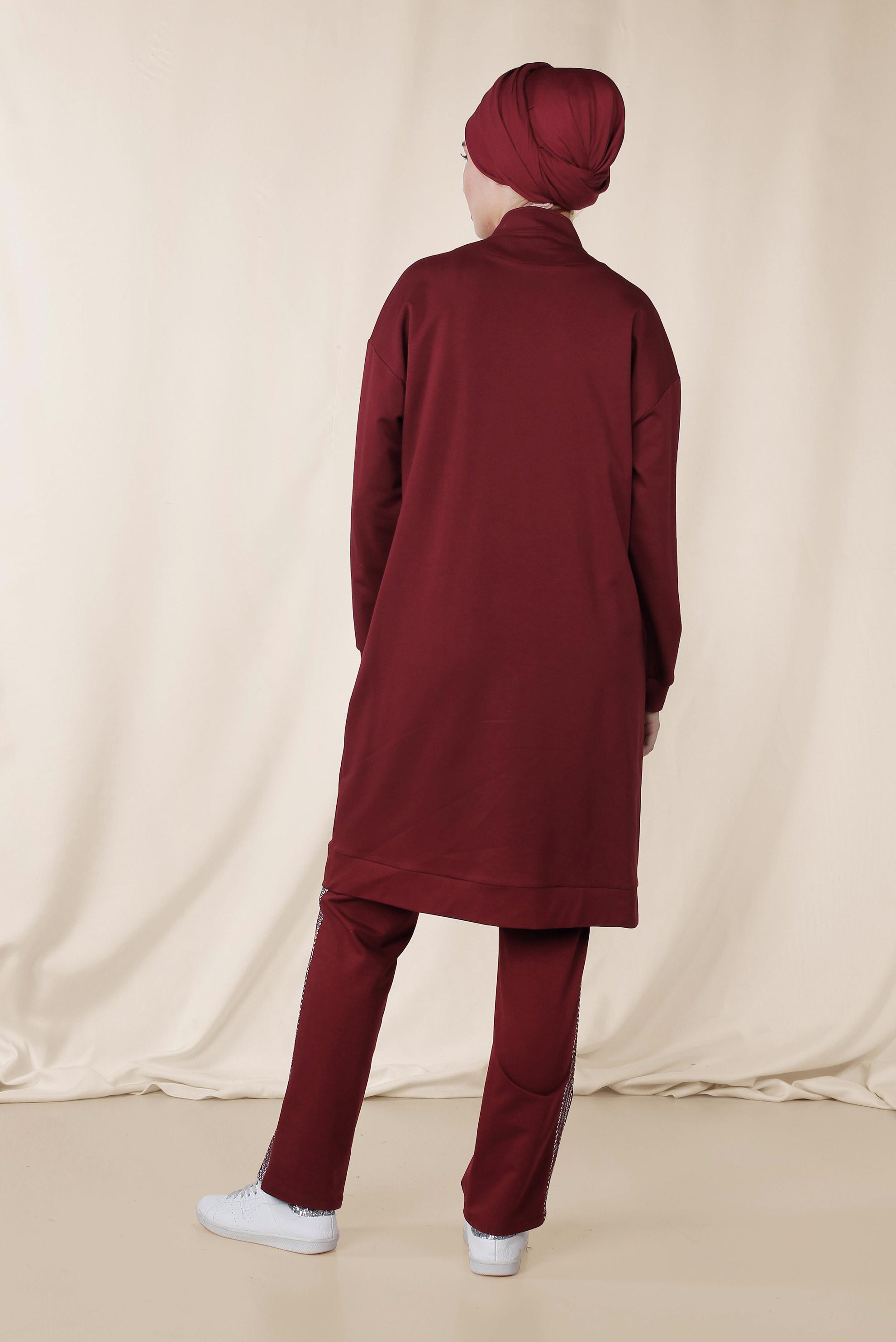 Tesettür giyim BORDO HAKİM YAKA PAMUKLU PANTOLONLU EŞOFMAN TAKIMI 4073