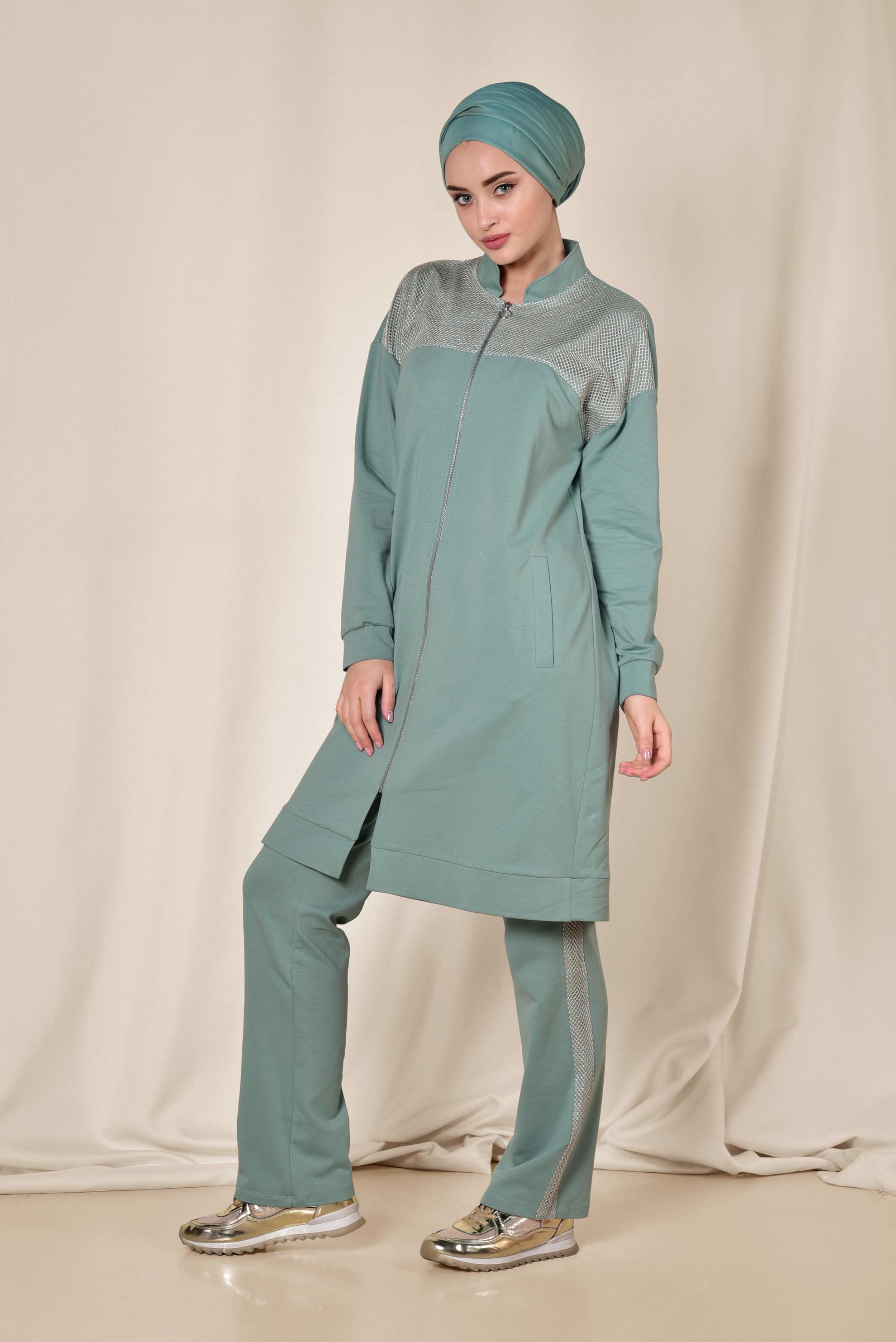 Hijab clothing GREEN Mandarin Collar Cotton Tracksuit 4073 