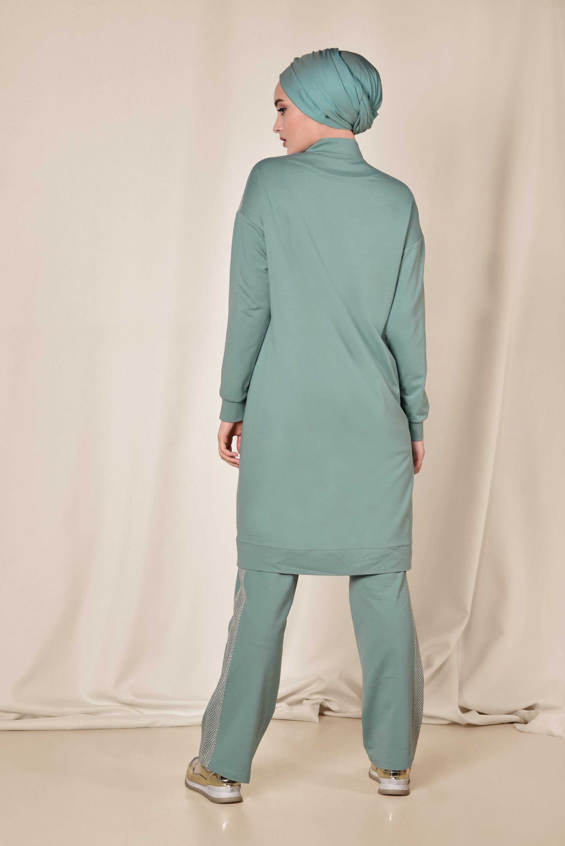 Hijab clothing GREEN Mandarin Collar Cotton Tracksuit 4073 