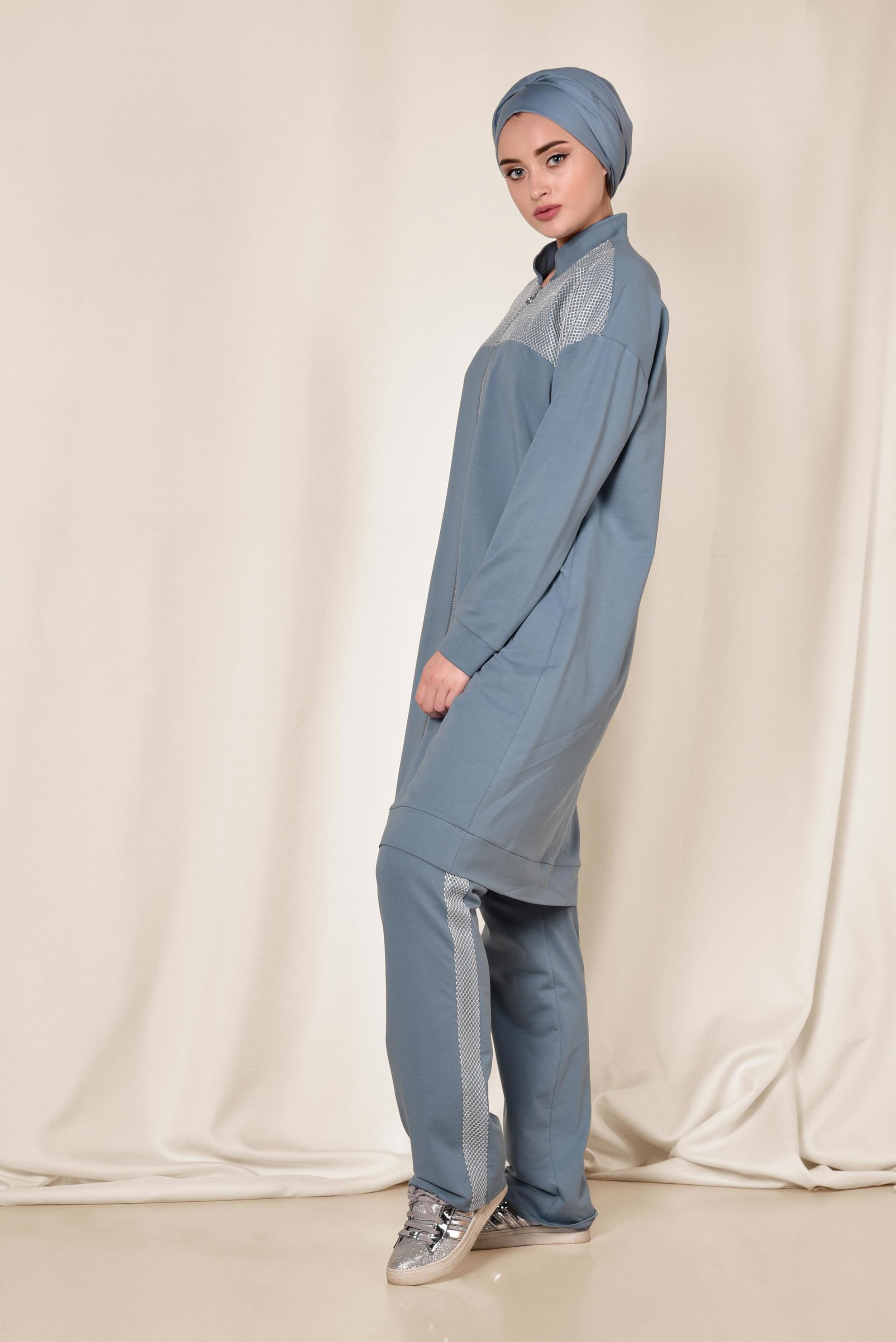 Hijab clothing BLUE Mandarin Collar Cotton Tracksuit 4073 
