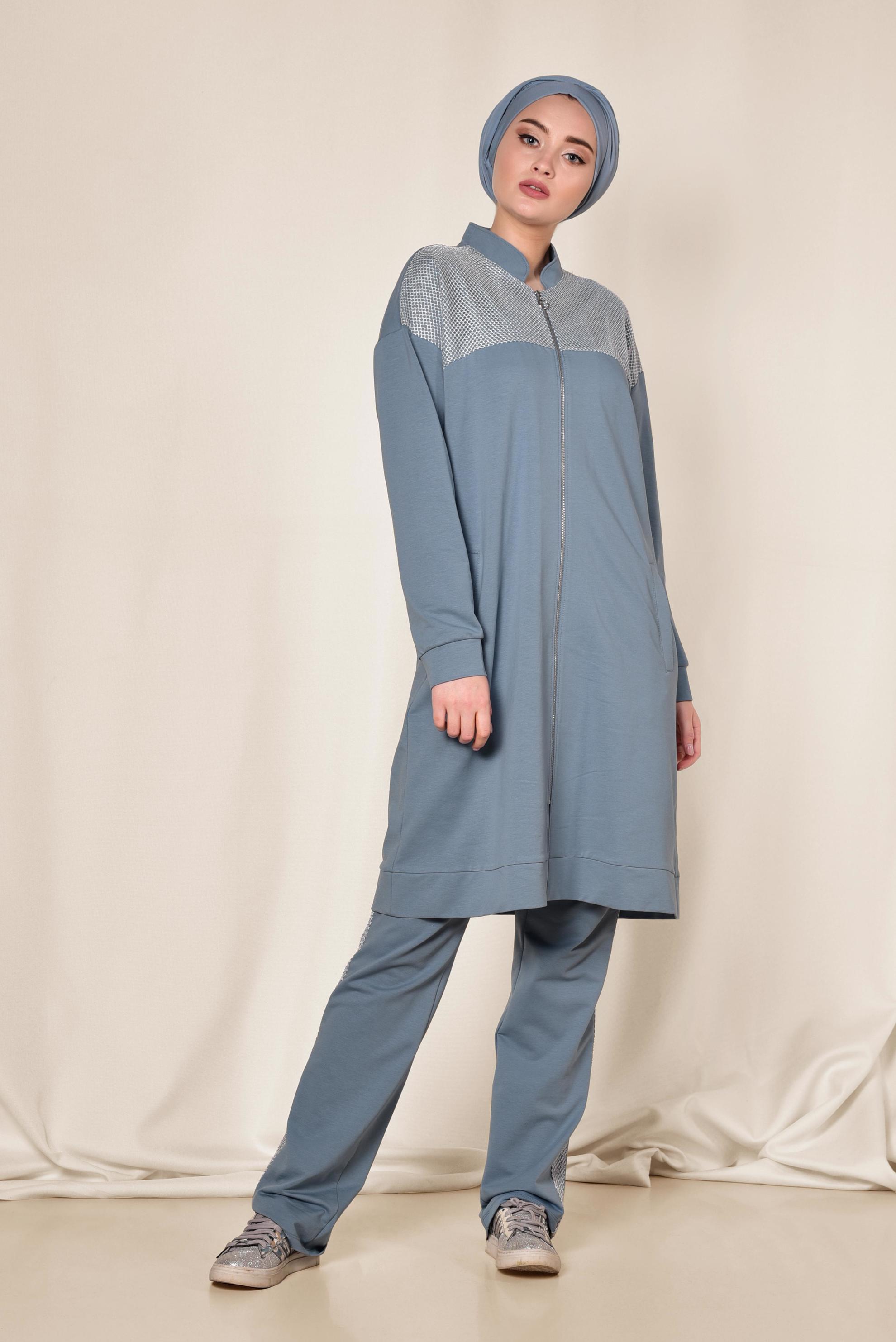 Hijab clothing BLUE Mandarin Collar Cotton Tracksuit 4073 