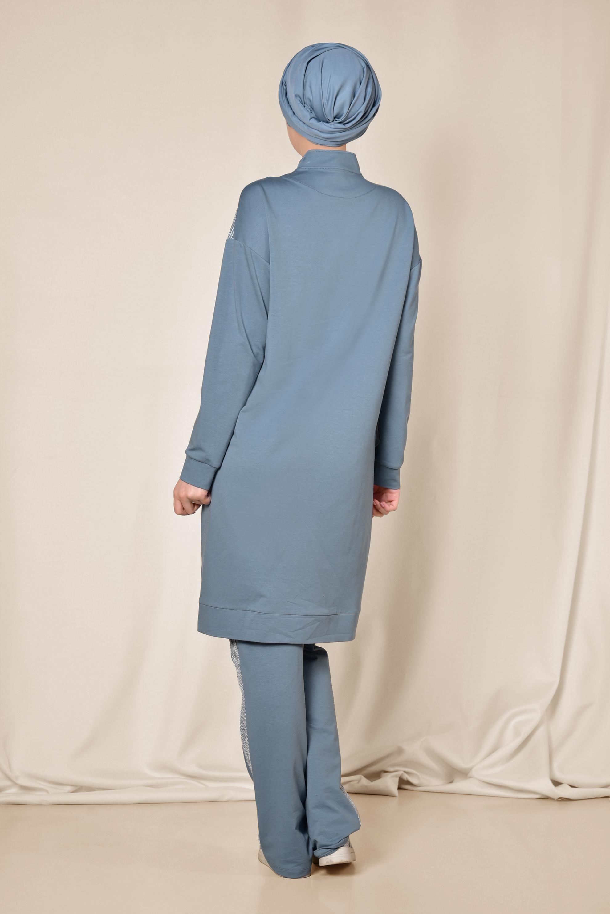 Hijab clothing BLUE Mandarin Collar Cotton Tracksuit 4073 