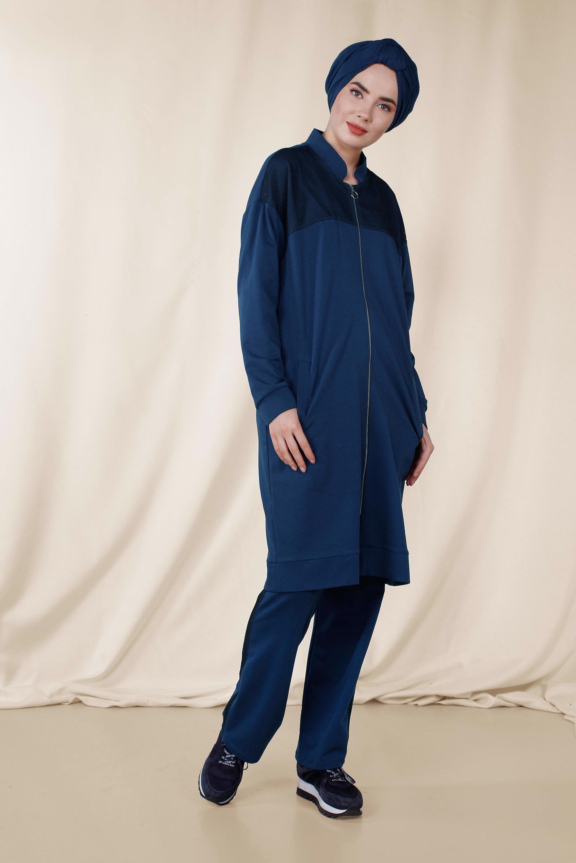 Hijab clothing NAVY BLUE Mandarin Collar Cotton Tracksuit 4073 