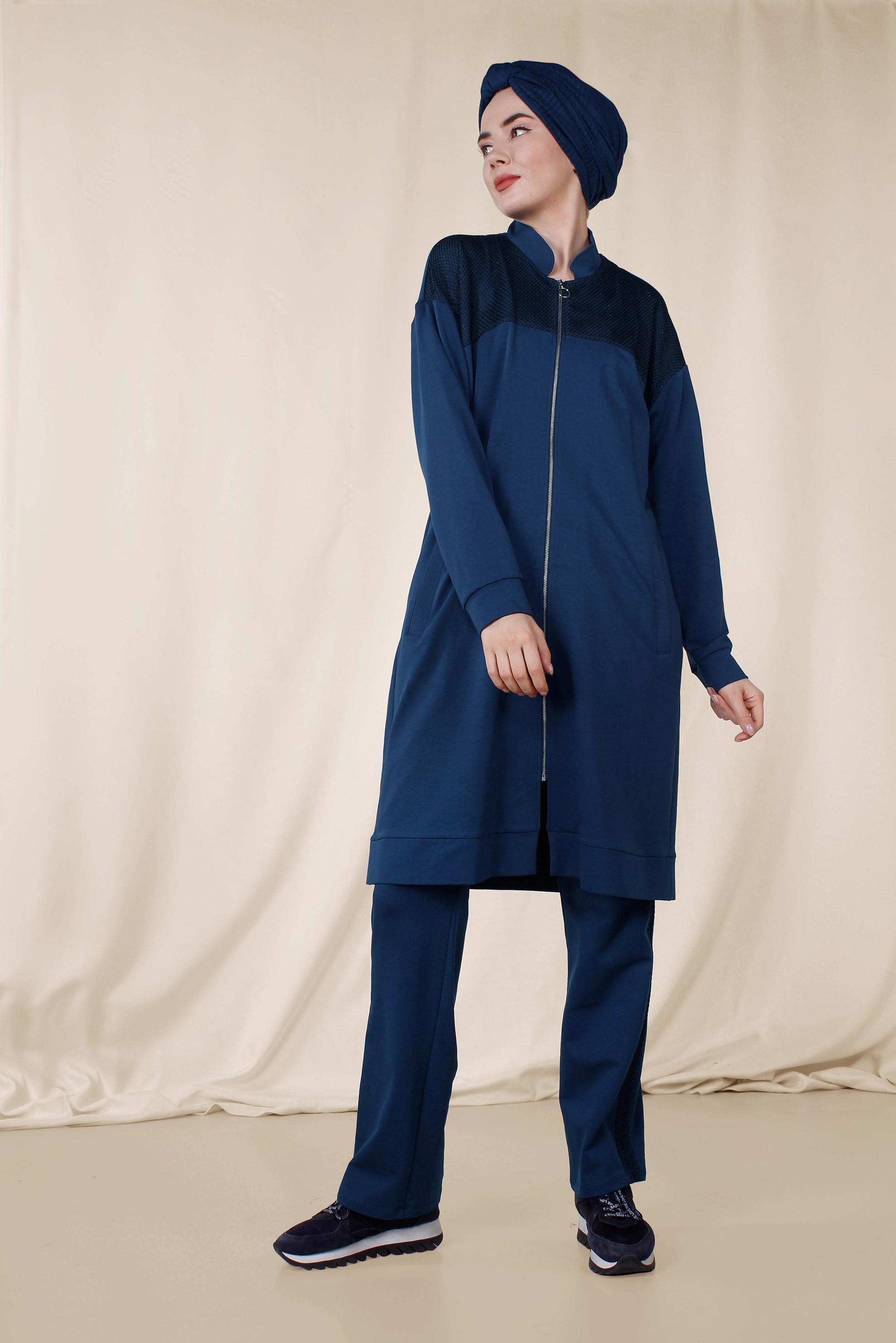 Hijab clothing NAVY BLUE Mandarin Collar Cotton Tracksuit 4073 