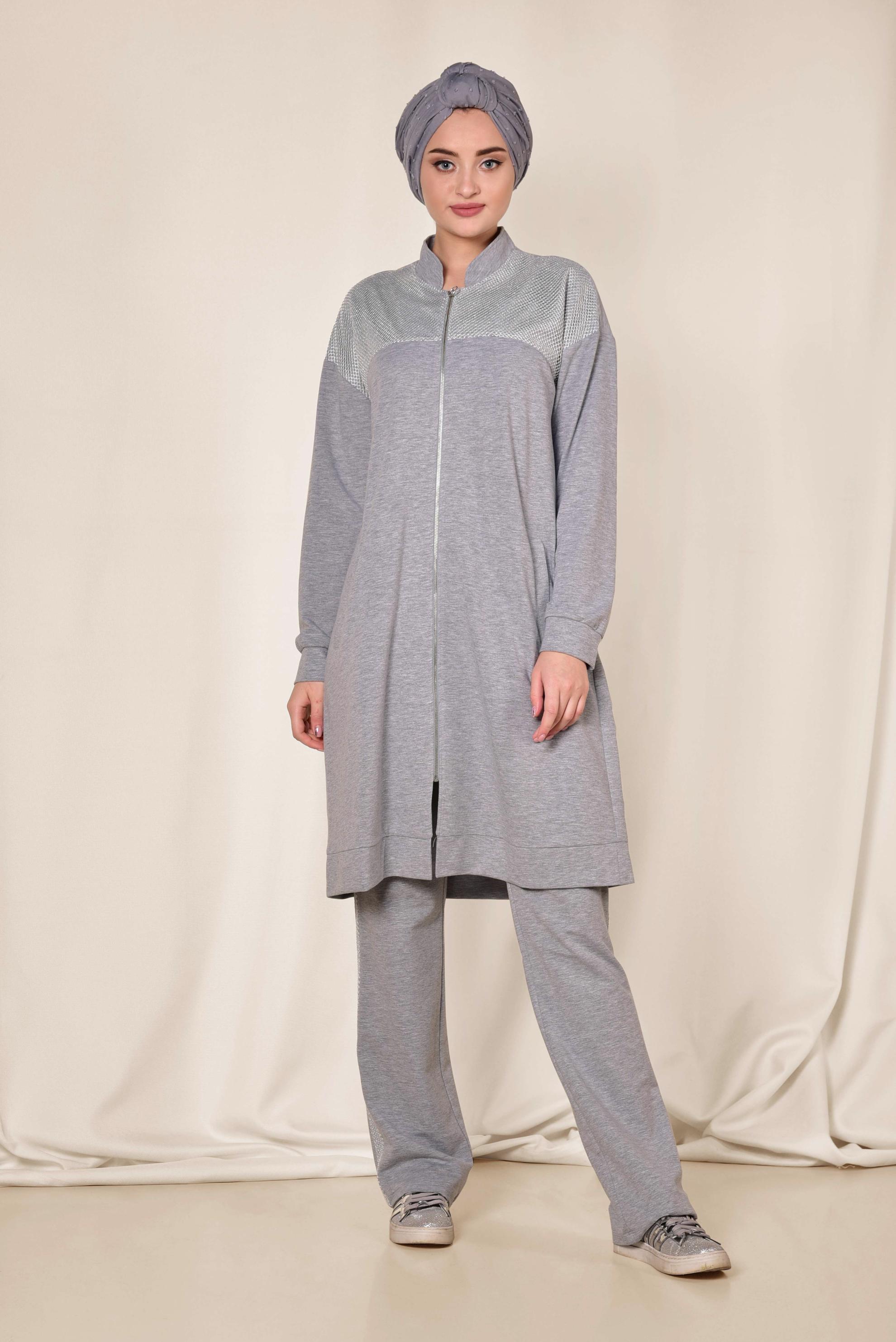 Hijab clothing GREY Mandarin Collar Cotton Tracksuit 4073 