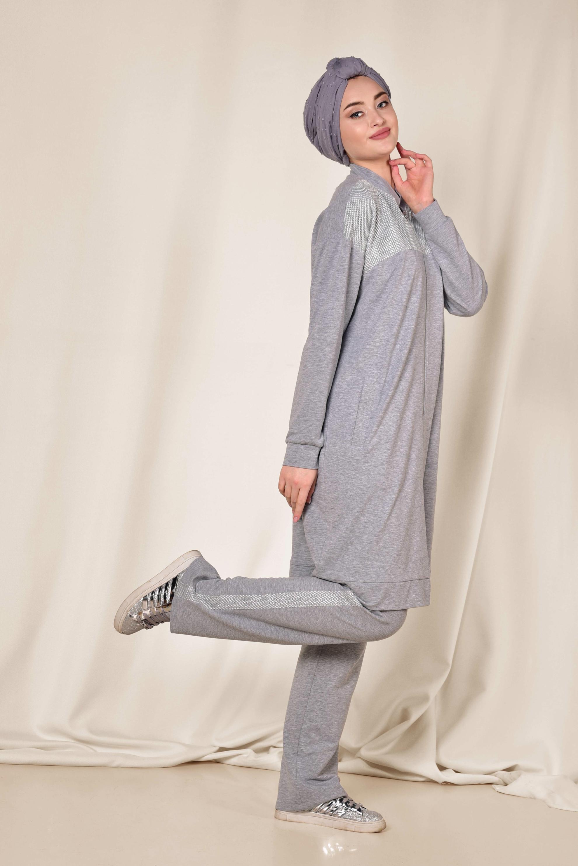 Hijab clothing GREY Mandarin Collar Cotton Tracksuit 4073 