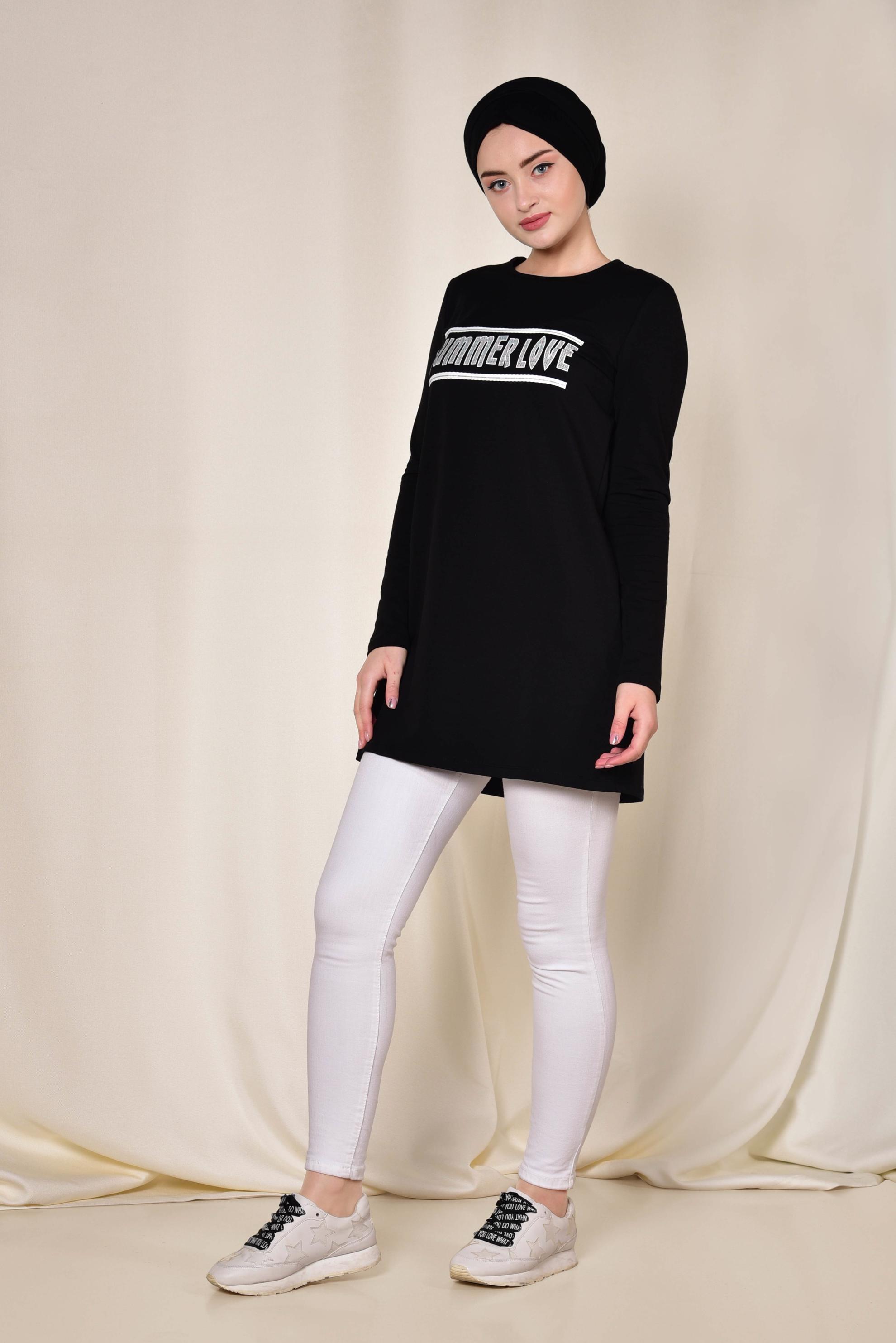 Tesettür giyim SİYAH YAZI BASKILI EŞOFMAN TUNİK 4075 