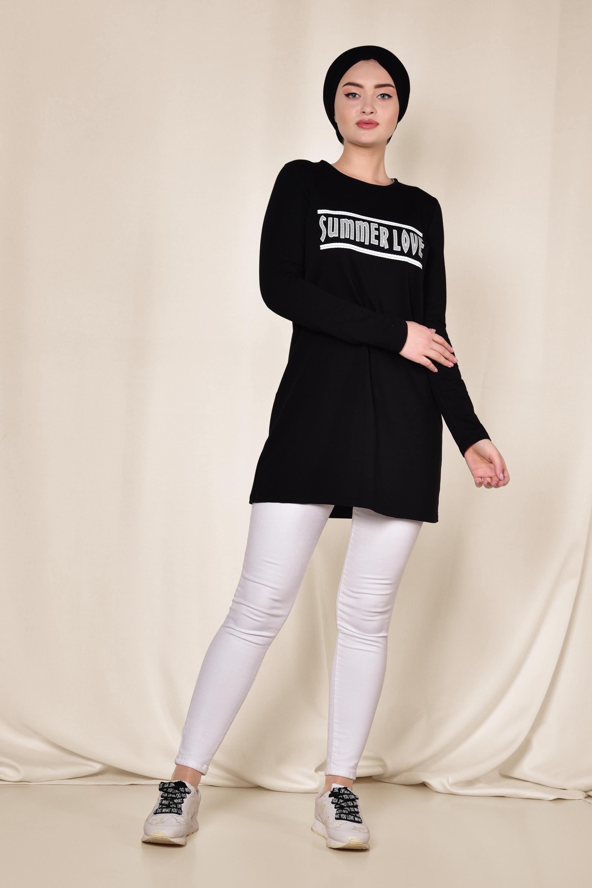 Tesettür giyim SİYAH YAZI BASKILI EŞOFMAN TUNİK 4075 